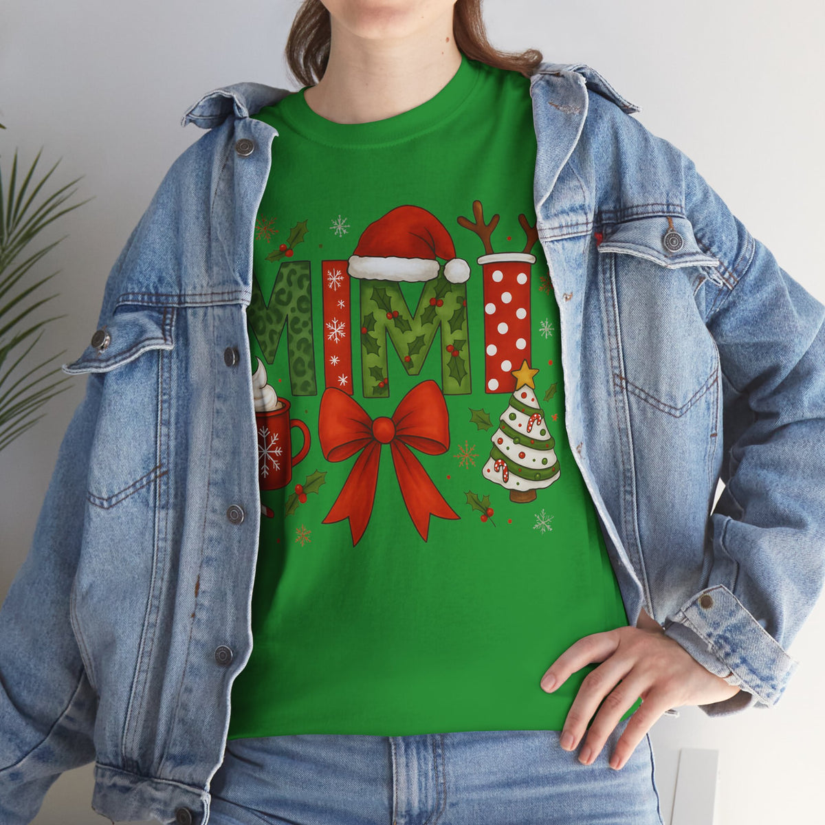 MiMi Christmas Tee — Festive Holiday Letters with Santa Hat, Reindeer Antlers & Bow