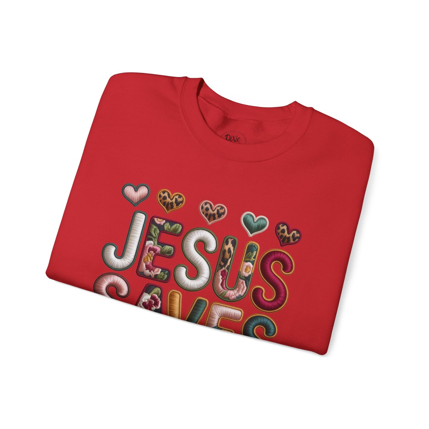 Jesus Saves Crewneck Sweatshirt — Floral & Heart Christian Graphic Sweatshirt