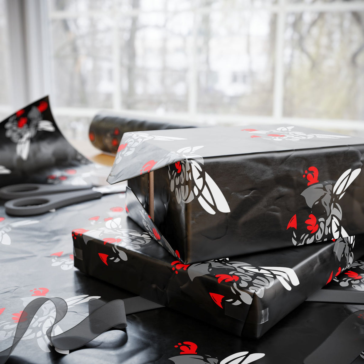 Wrapping Paper — Hilldale Hornets Pattern on Black (Red Accent)