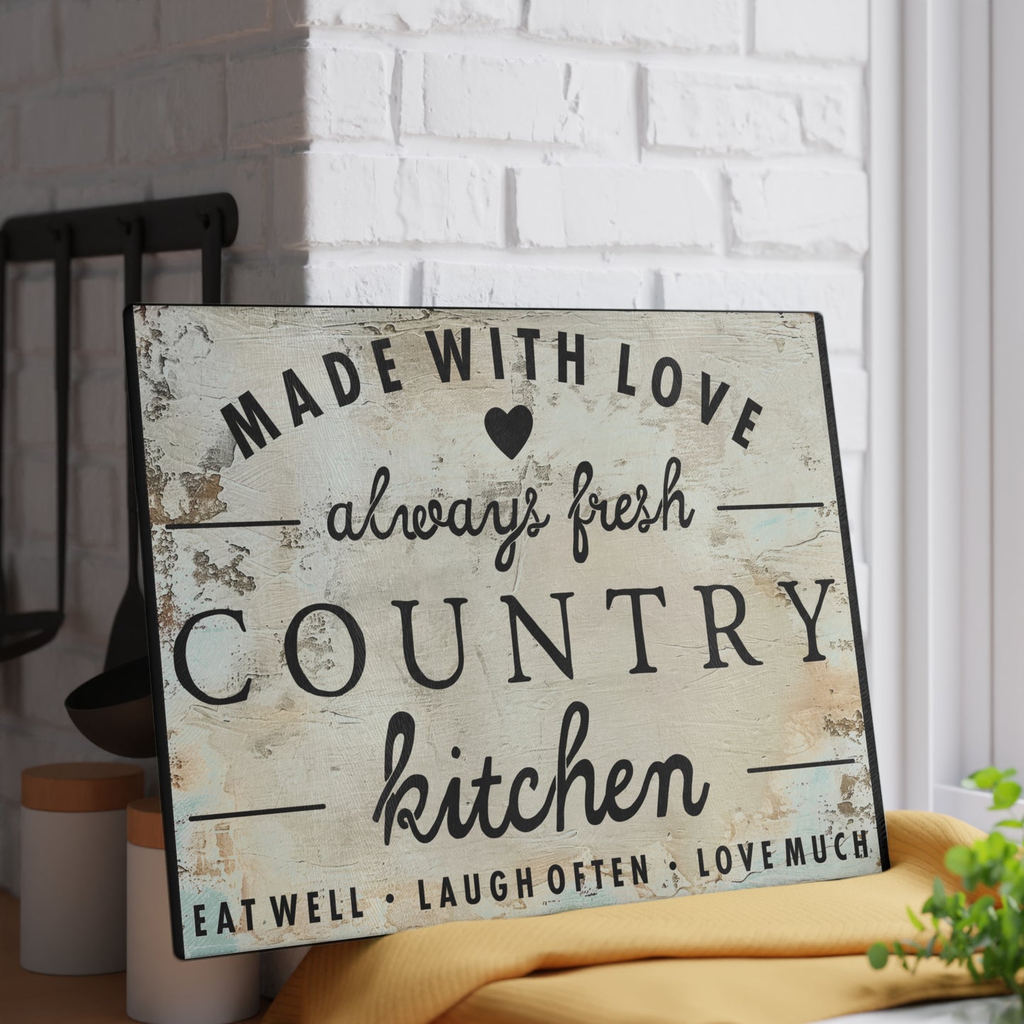 Country Kitchen Glass Cutting Board — "Made with Love, Always Fresh" Rustic Decor