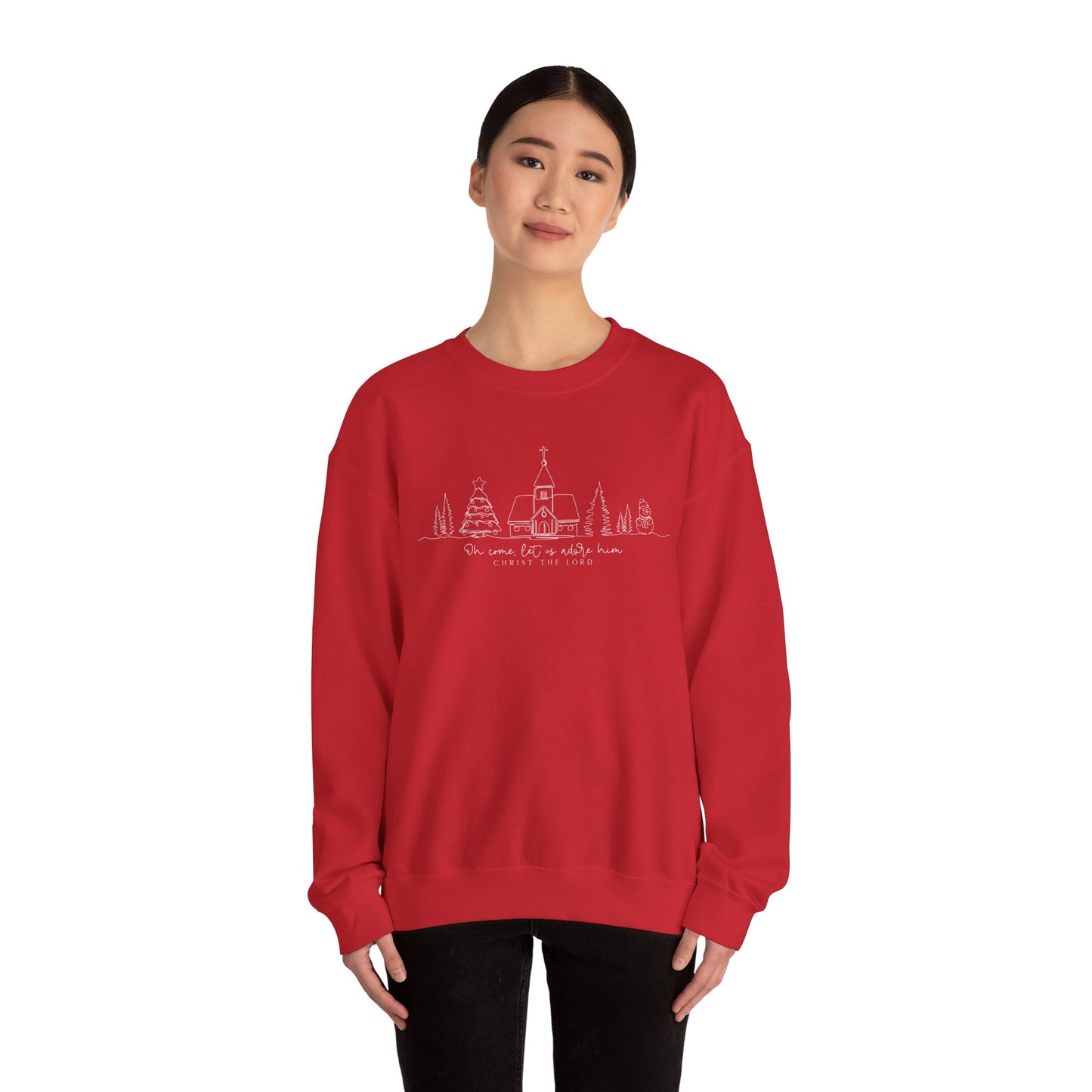 Crewneck Sweatshirt — Minimal Line Art Christmas Village "Be Home for the Holidays"