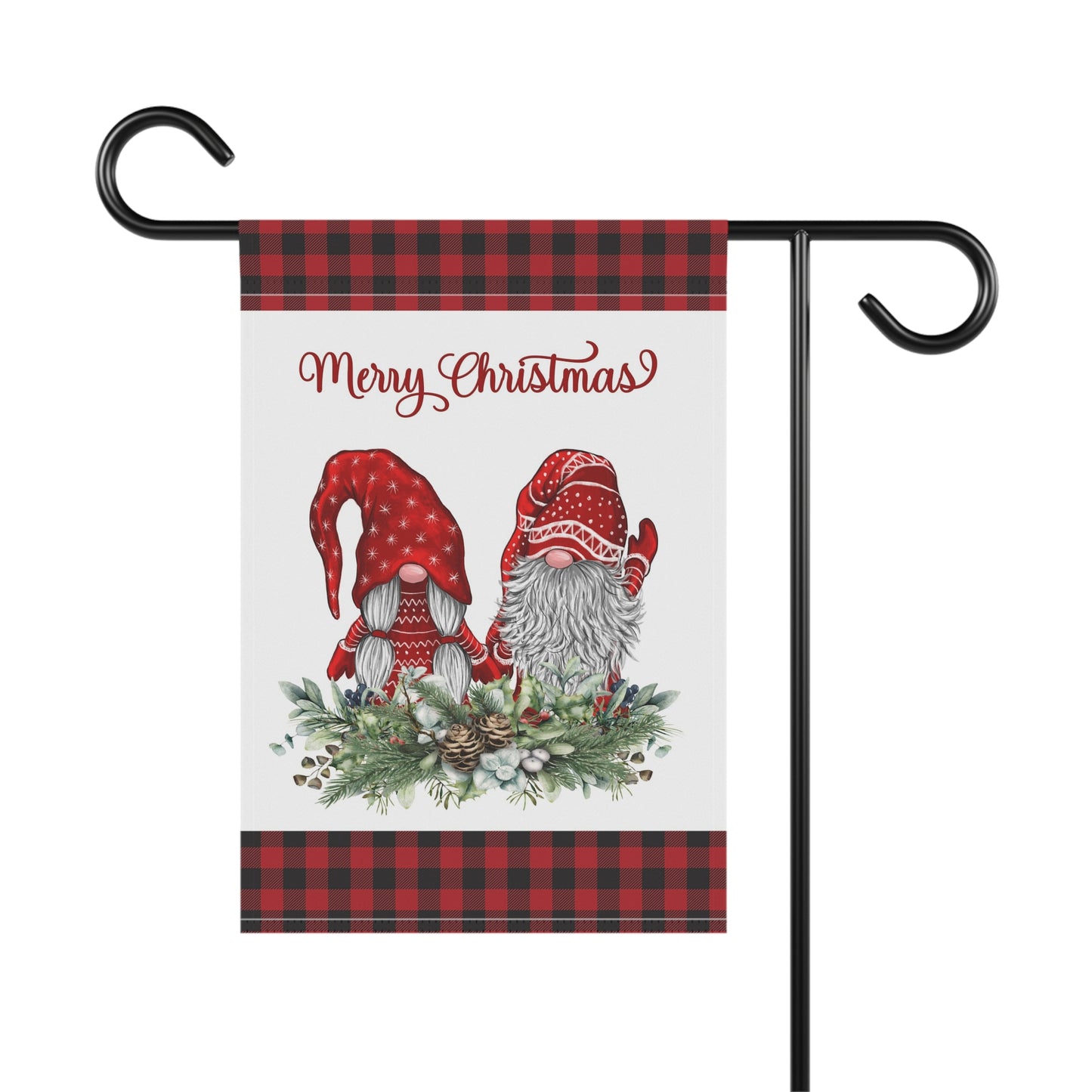 Merry Christmas Gnome Garden Flag — Buffalo Plaid Holiday House Banner