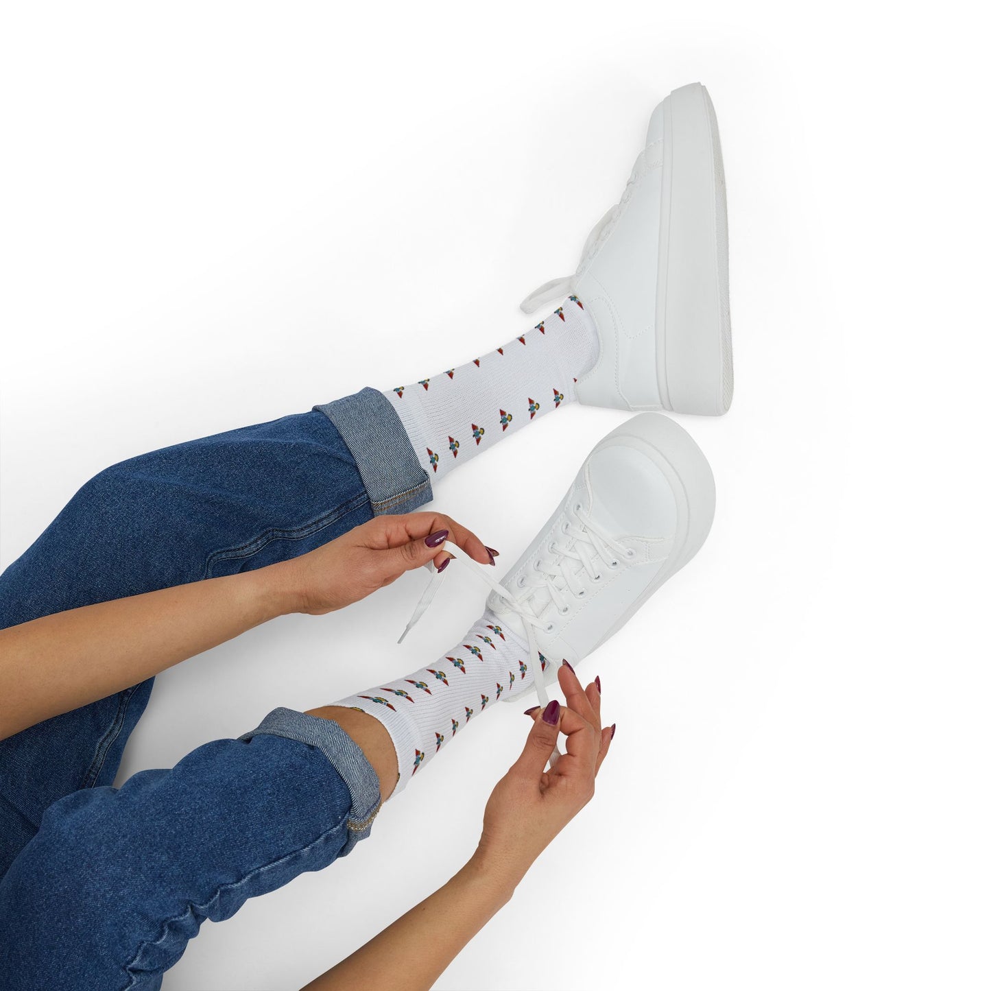 White Sublimation Crew Socks with Tiny Floral Bird Pattern