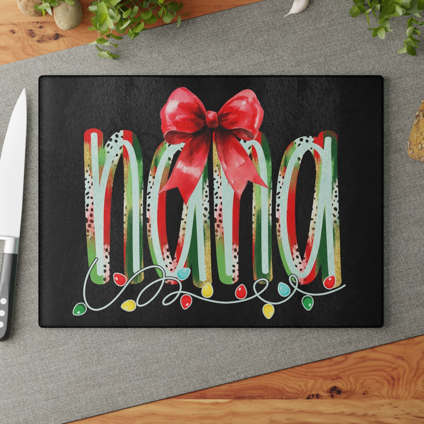 Nana Christmas Glass Cutting Board — Festive Red Bow & Holiday Lights Kitchen Decor
