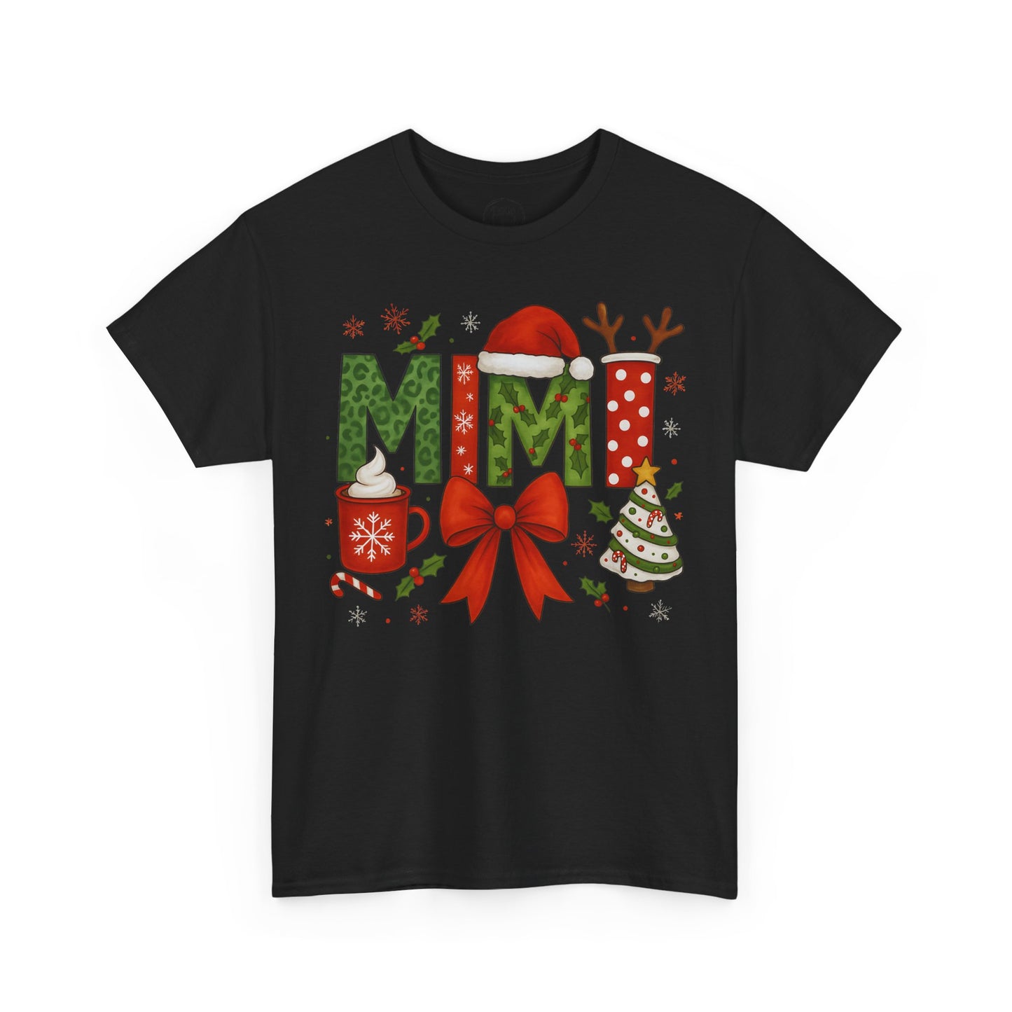 MiMi Christmas Tee — Festive Holiday Letters with Santa Hat, Reindeer Antlers & Bow