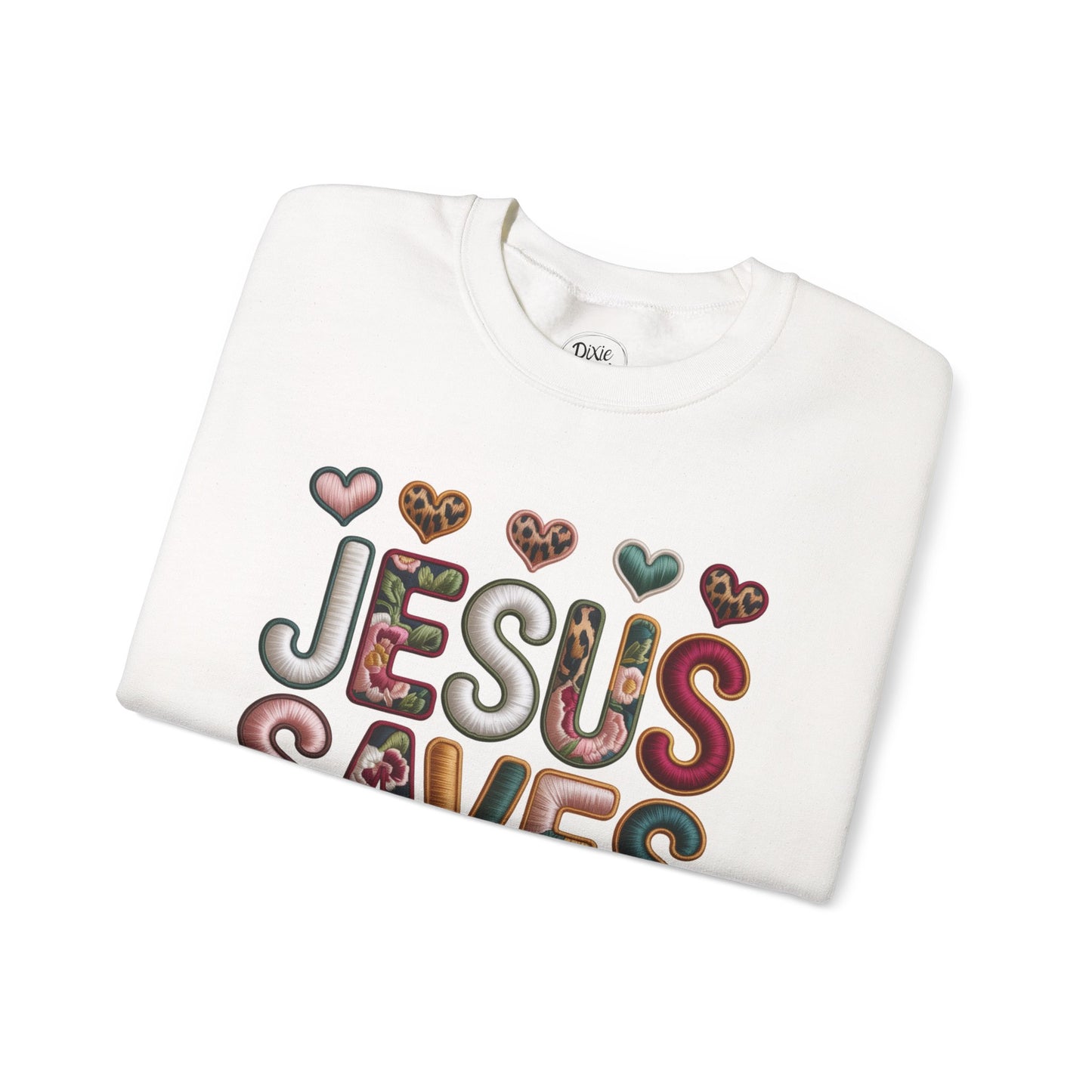 Jesus Saves Crewneck Sweatshirt — Floral & Heart Christian Graphic Sweatshirt