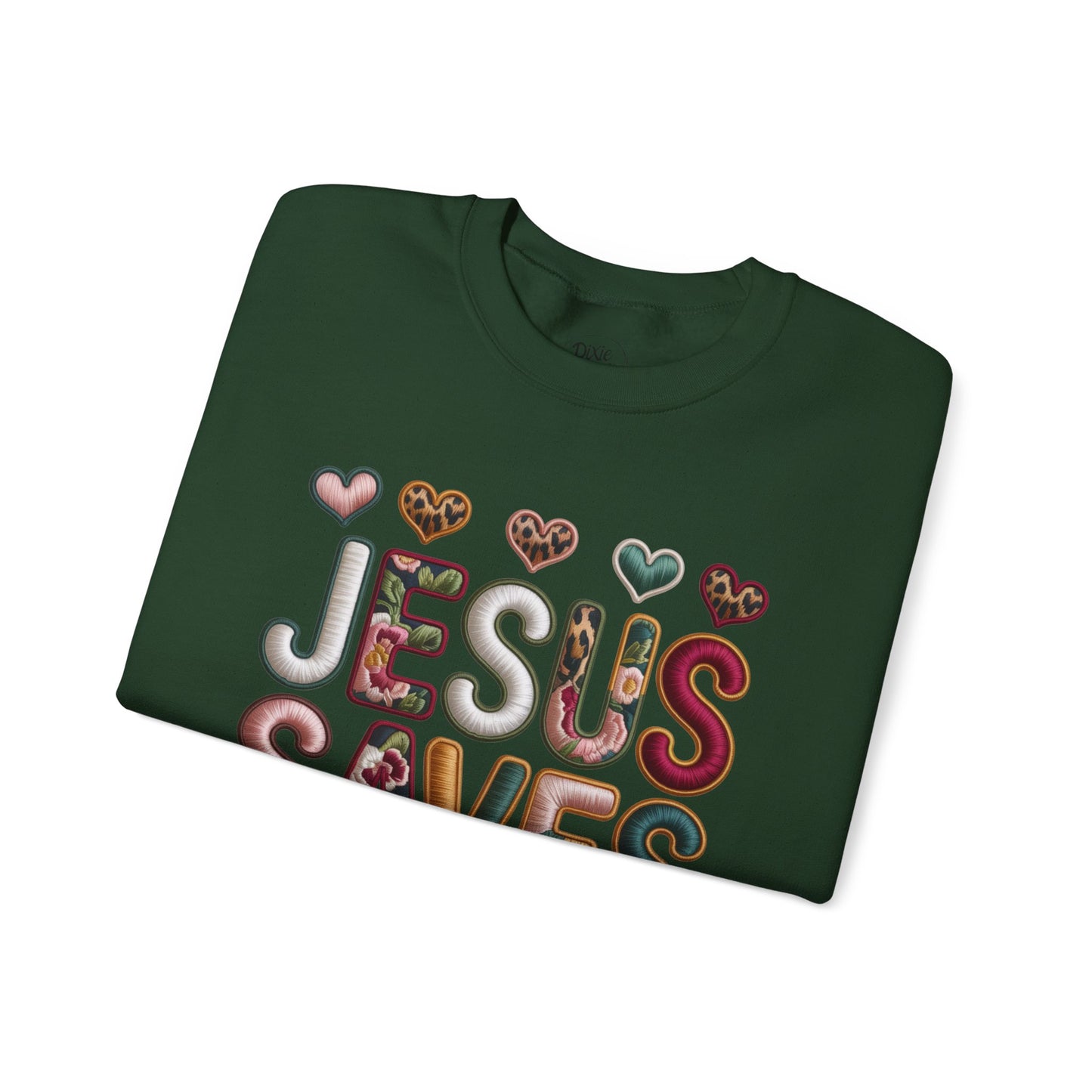 Jesus Saves Crewneck Sweatshirt — Floral & Heart Christian Graphic Sweatshirt
