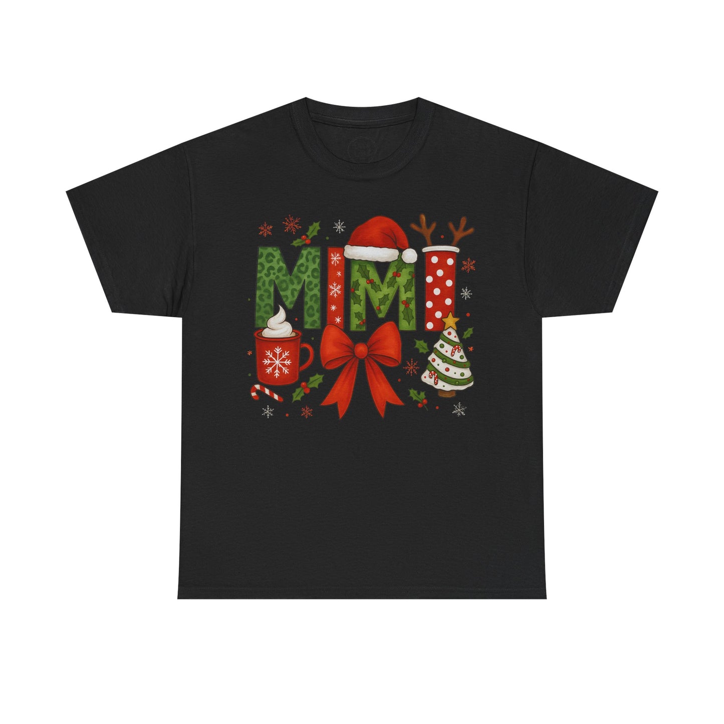 MiMi Christmas Tee — Festive Holiday Letters with Santa Hat, Reindeer Antlers & Bow
