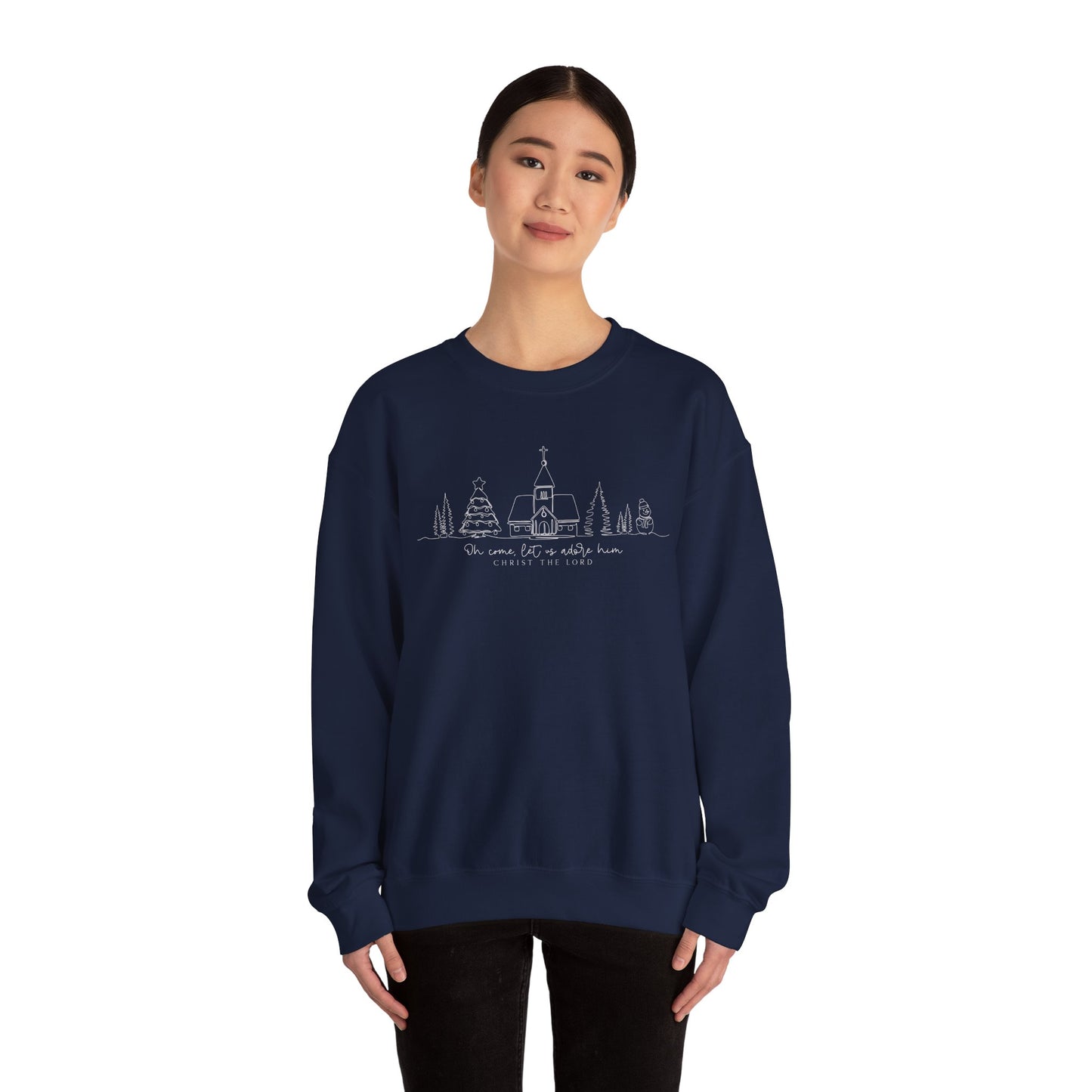 Crewneck Sweatshirt — Minimal Line Art Christmas Village "Be Home for the Holidays"