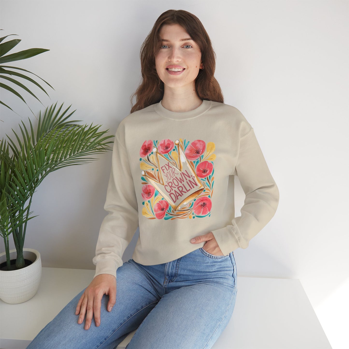 Crewneck Sweatshirt — Straighten Your Crown Darlin' Floral Graphic