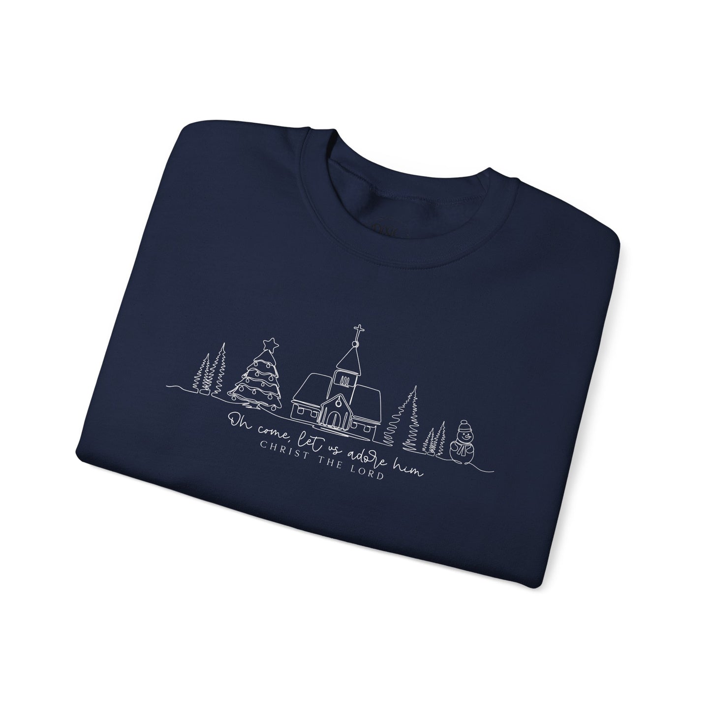 Crewneck Sweatshirt — Minimal Line Art Christmas Village "Be Home for the Holidays"