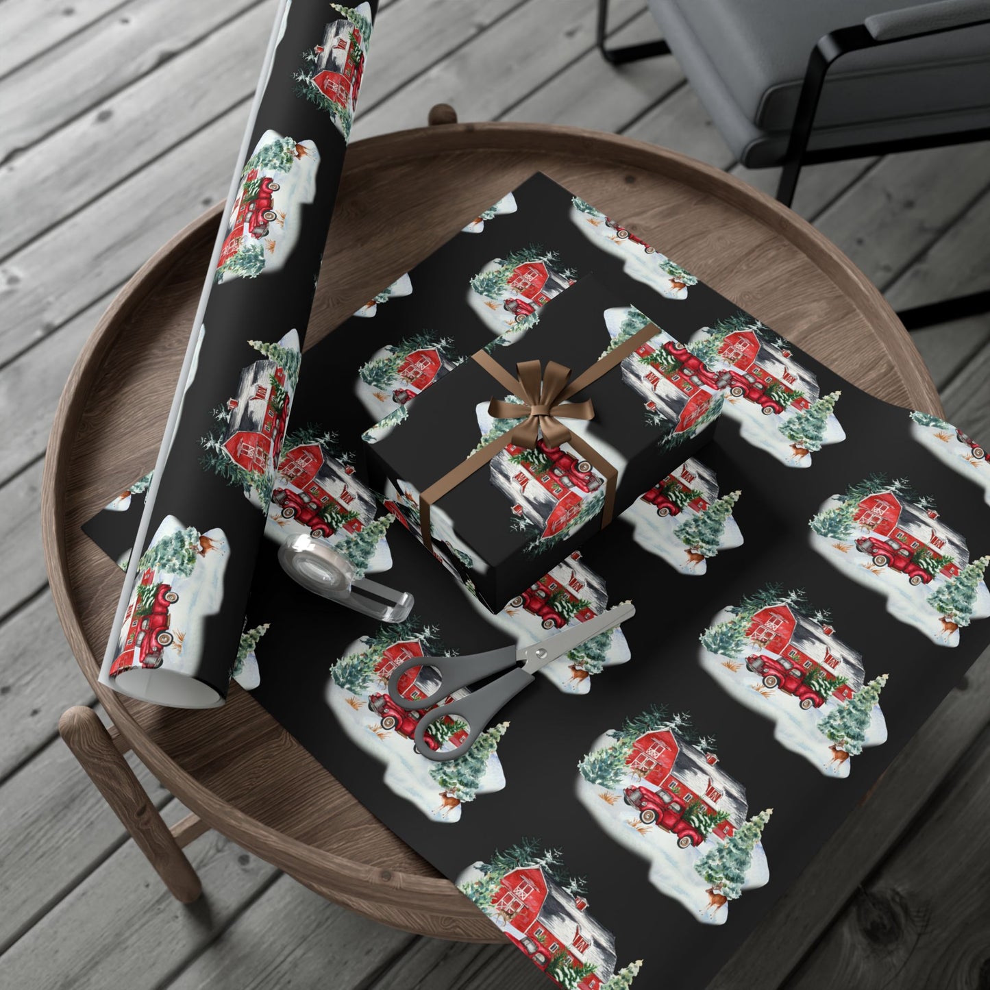 Christmas Village Gift Wrap Paper — Vintage Red Truck & Snowy Barn Holiday Wrapping