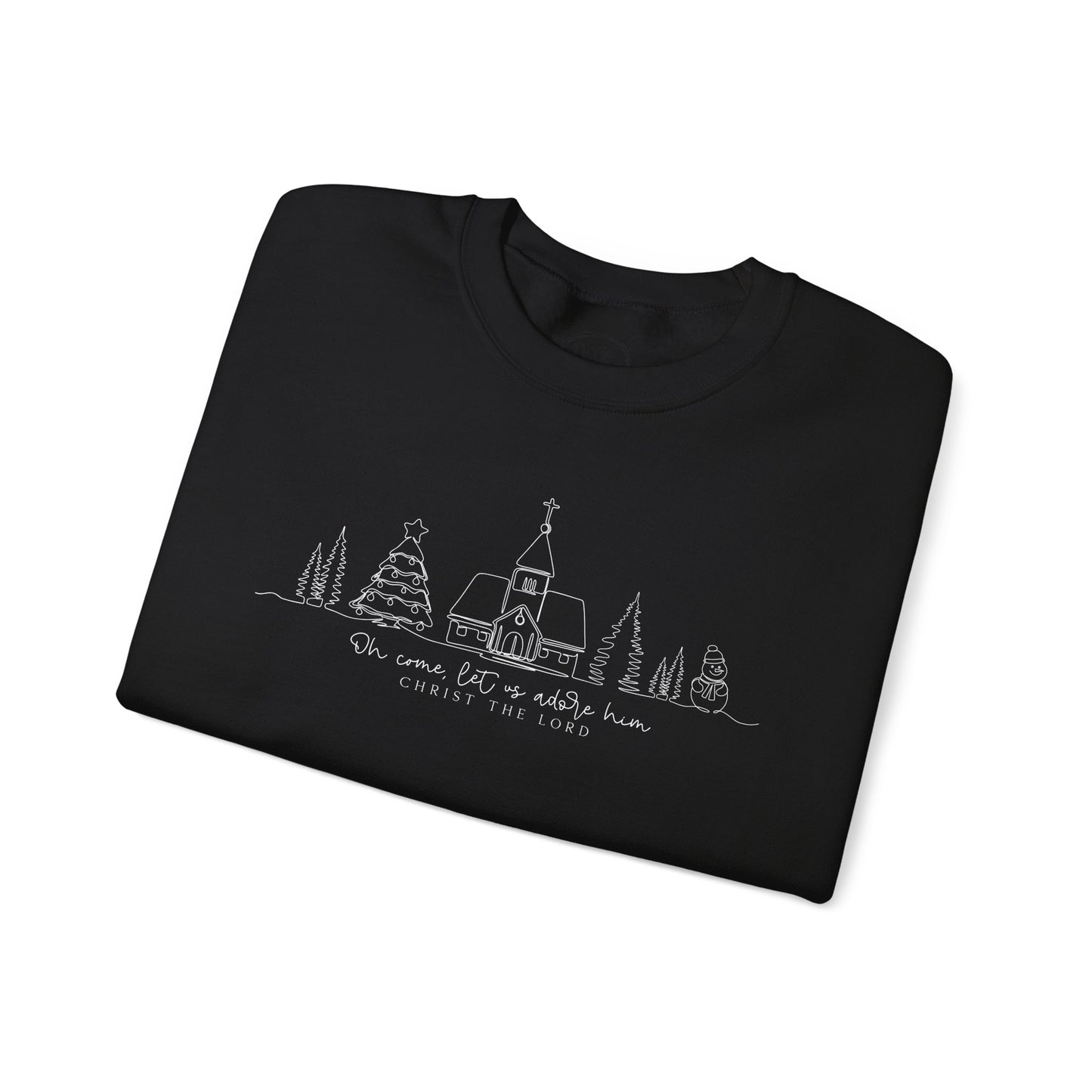 Crewneck Sweatshirt — Minimal Line Art Christmas Village "Be Home for the Holidays"