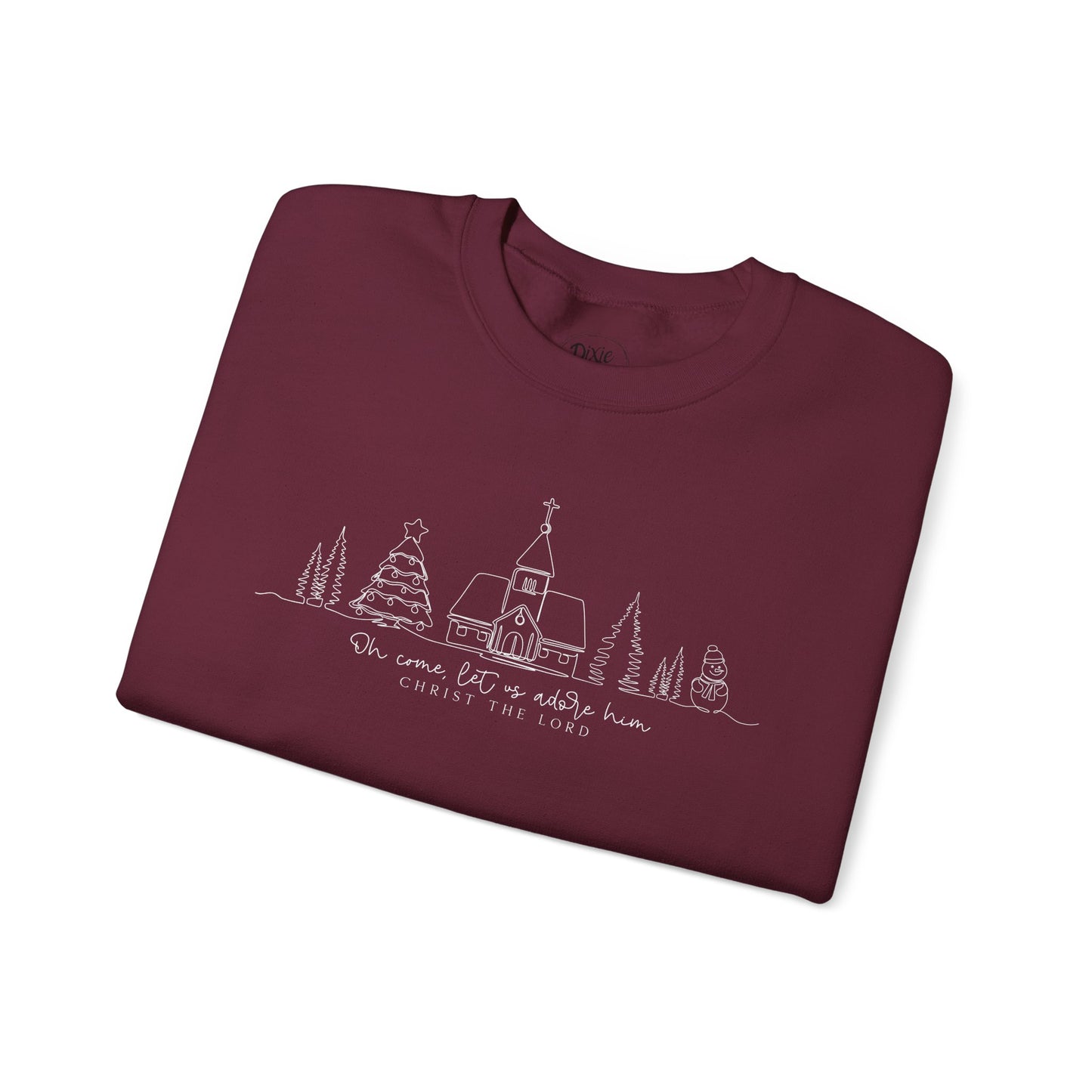 Crewneck Sweatshirt — Minimal Line Art Christmas Village "Be Home for the Holidays"