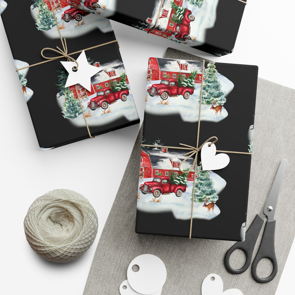 Christmas Village Gift Wrap Paper — Vintage Red Truck & Snowy Barn Holiday Wrapping