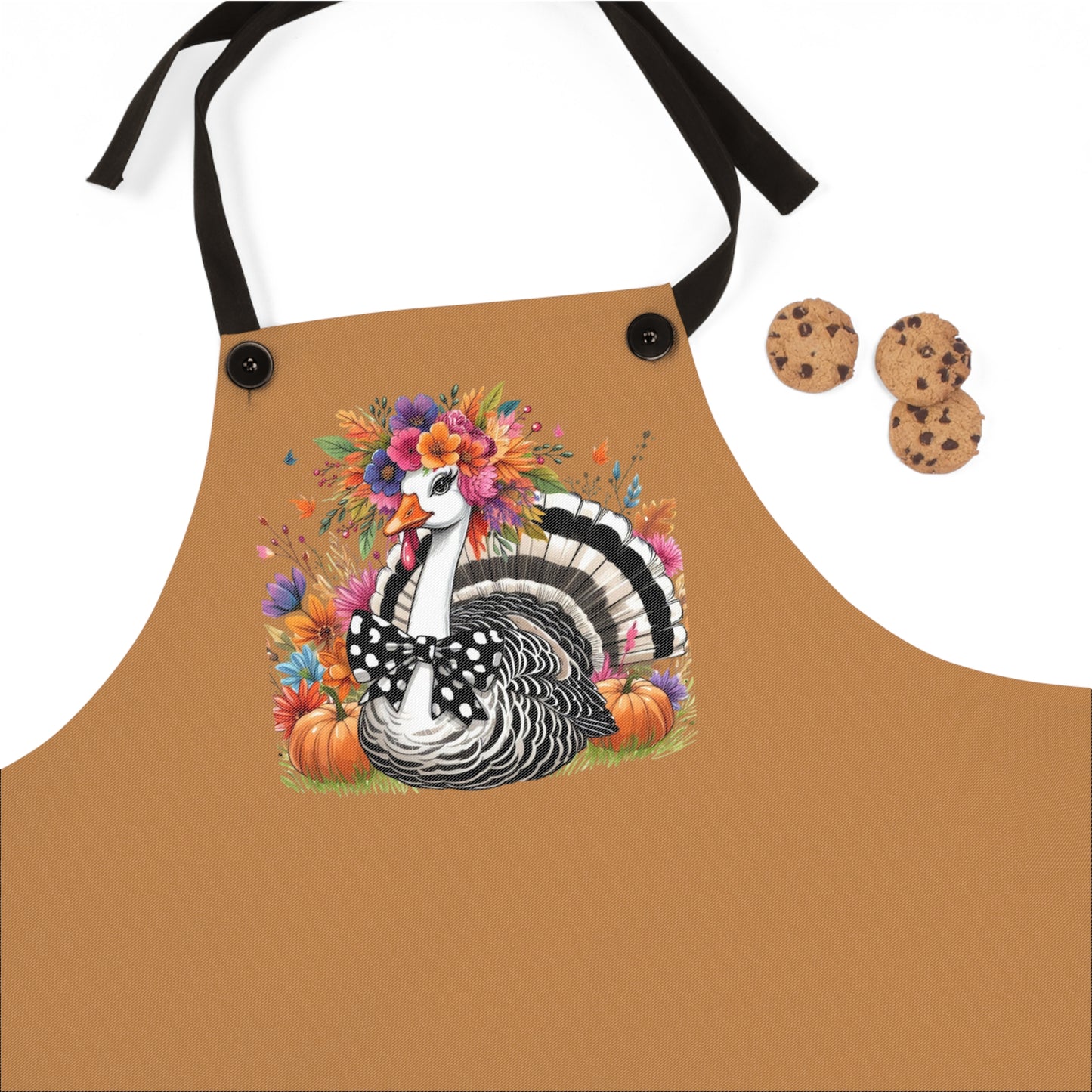 Thanksgiving Turkey Apron — Floral Turkey with Pumpkins Cooking Apron