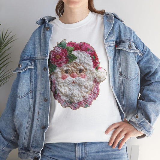 Floral Patchwork Santa Tee – Vintage Textured Christmas Boutique Shirt