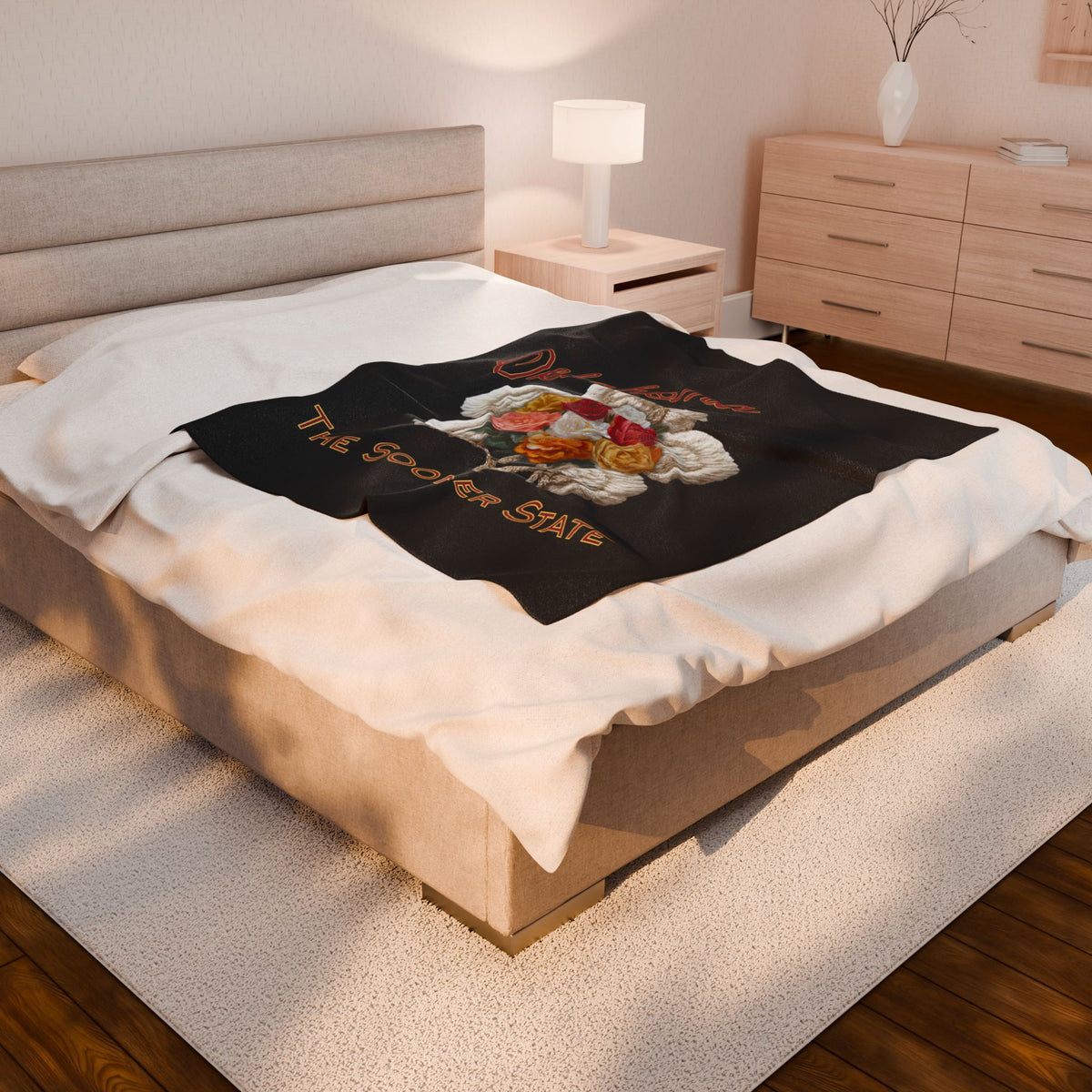 Oklahoma Velveteen Plush Blanket – 'The Sooner State' Floral Cotton Boll Design