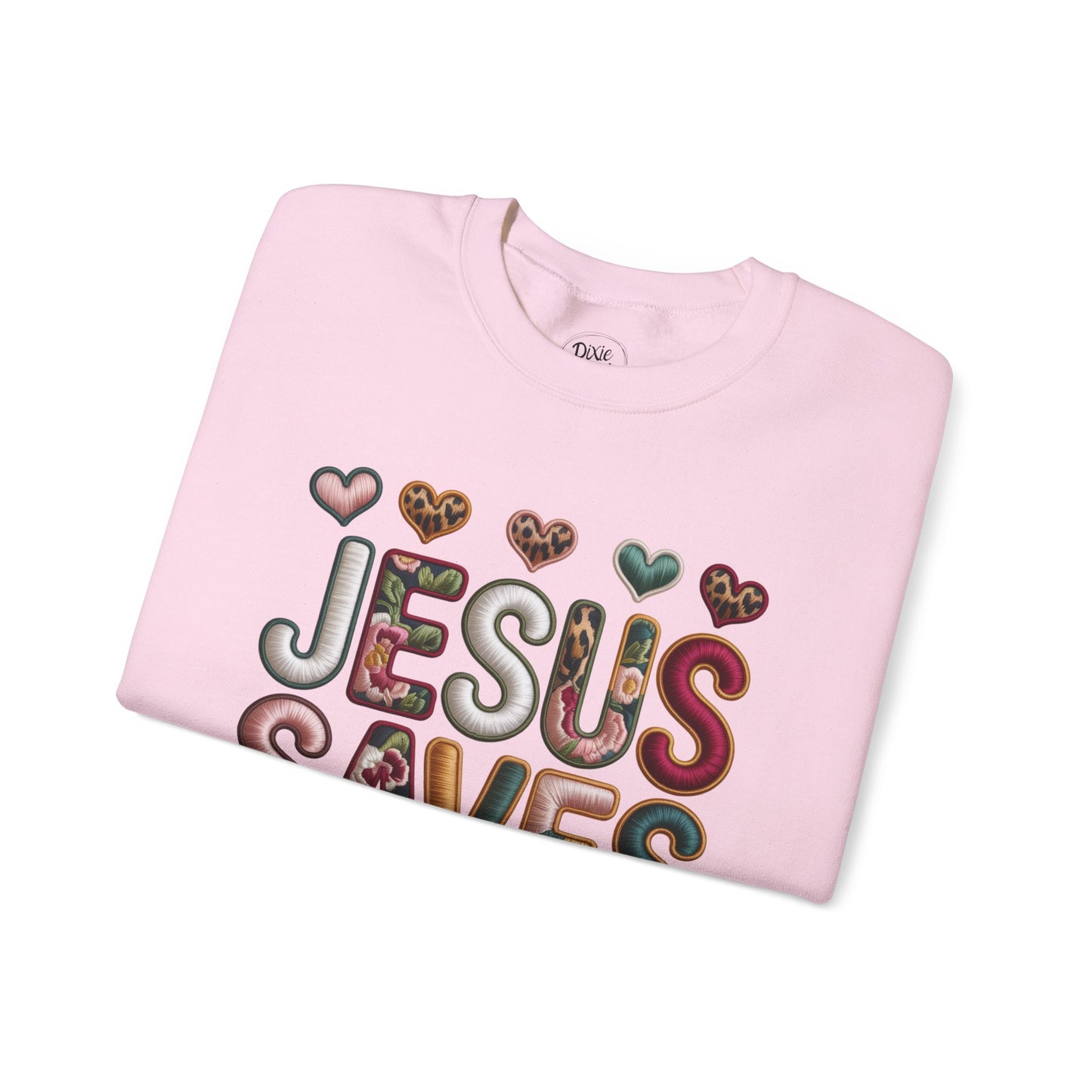 Jesus Saves Crewneck Sweatshirt — Floral & Heart Christian Graphic Sweatshirt