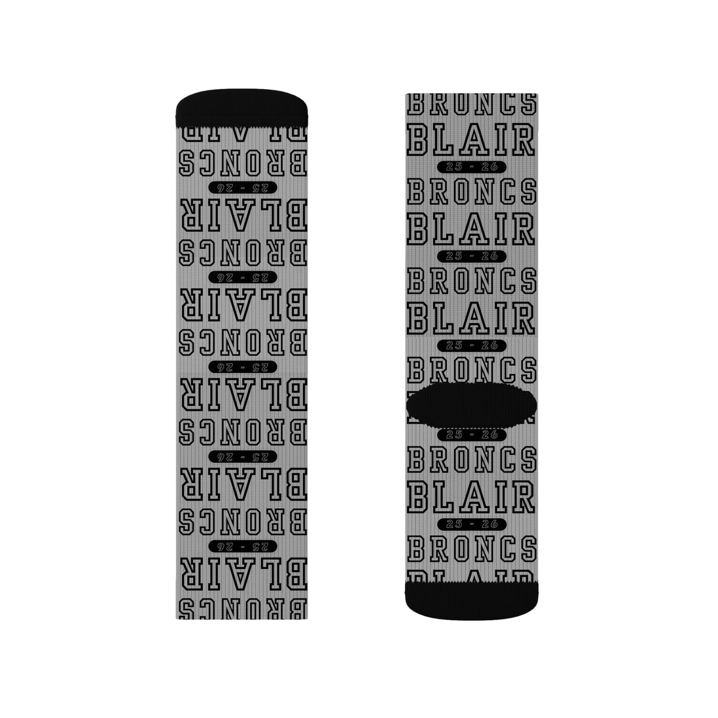 Custom Sublimation Crew Socks — Personalized Team Name 'BLAIR BRONCS' Sports Socks