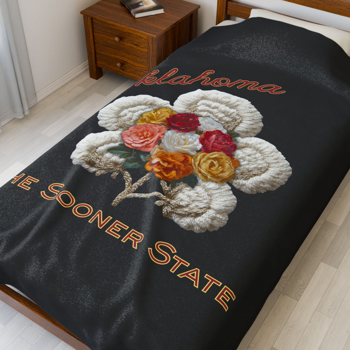 Oklahoma Velveteen Plush Blanket – 'The Sooner State' Floral Cotton Boll Design