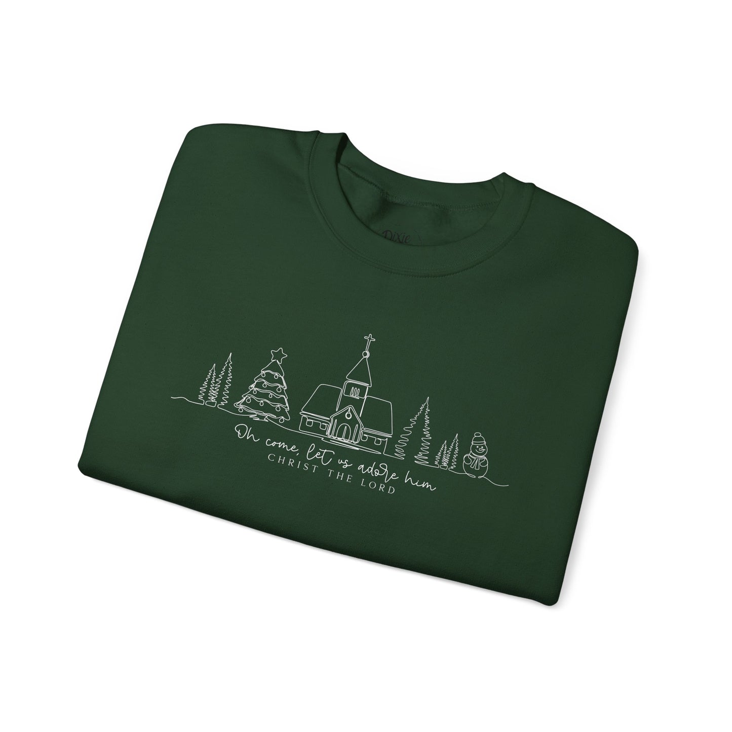 Crewneck Sweatshirt — Minimal Line Art Christmas Village "Be Home for the Holidays"
