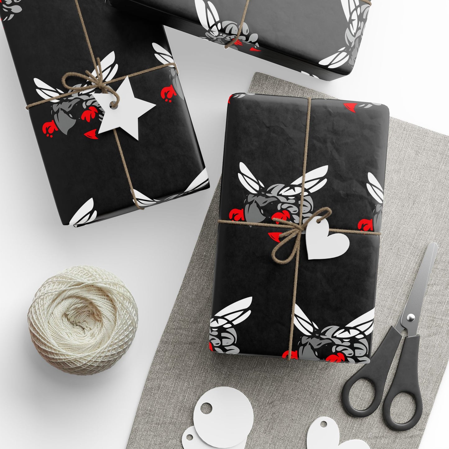 Wrapping Paper — Hilldale Hornets Pattern on Black (Red Accent)