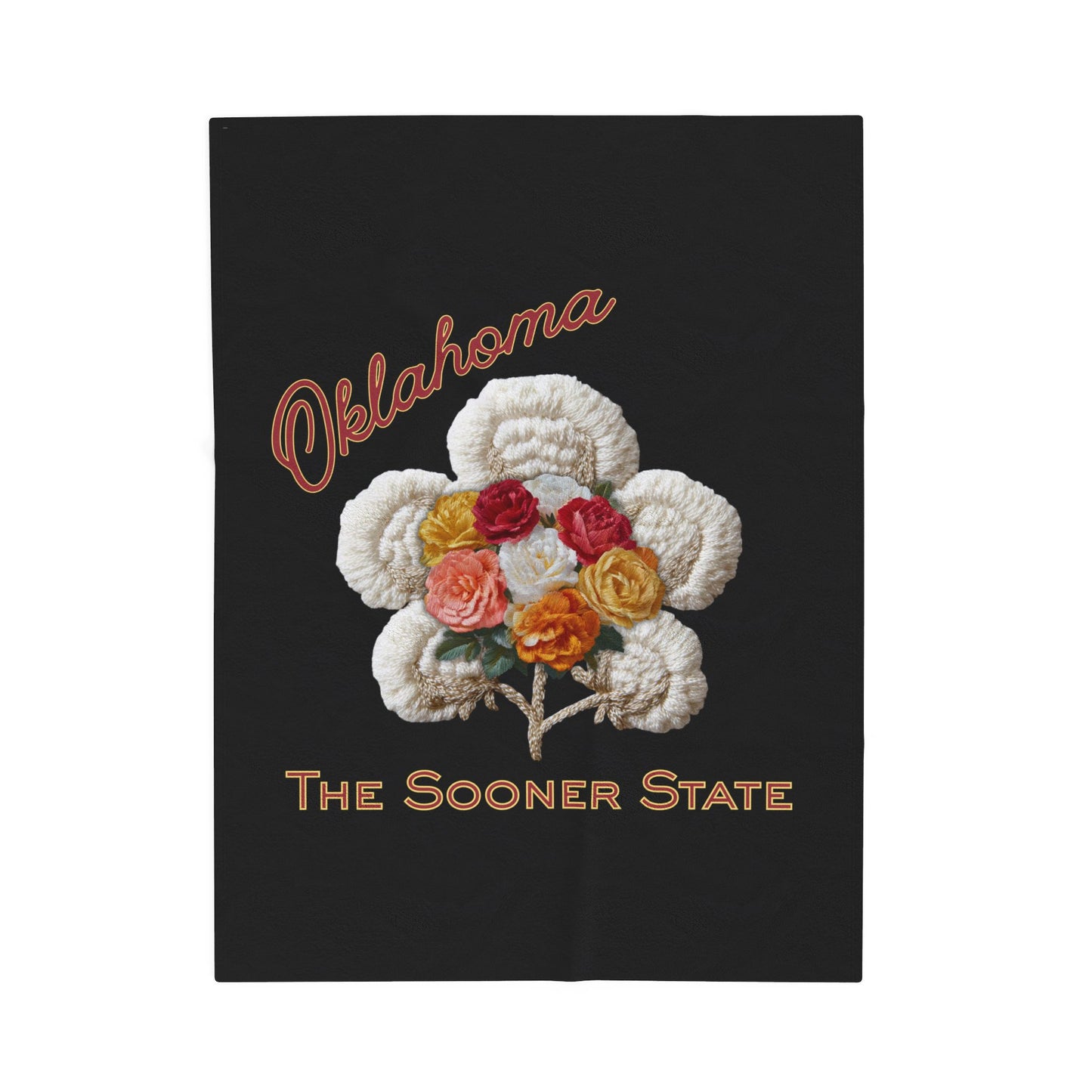 Oklahoma Velveteen Plush Blanket – 'The Sooner State' Floral Cotton Boll Design