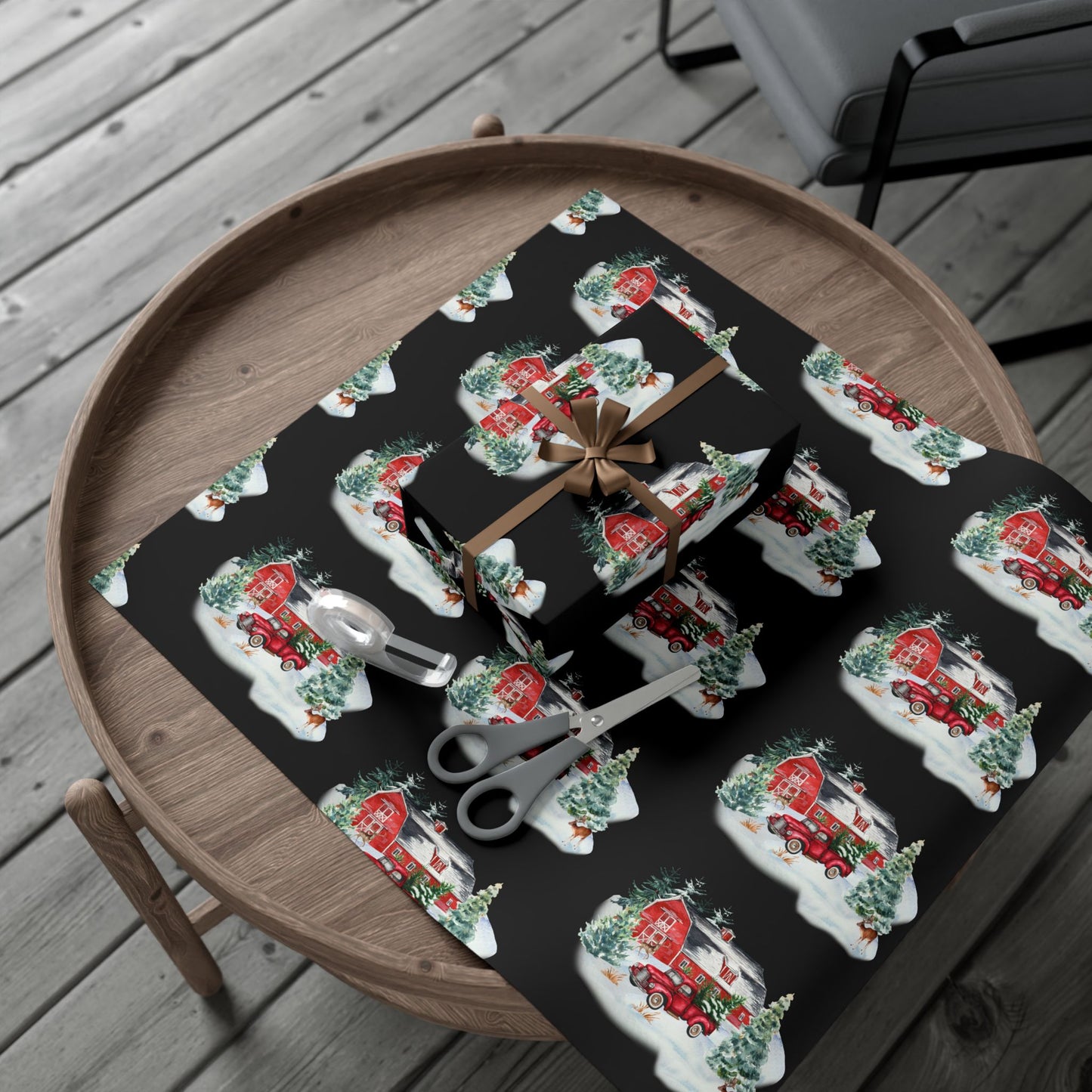Christmas Village Gift Wrap Paper — Vintage Red Truck & Snowy Barn Holiday Wrapping