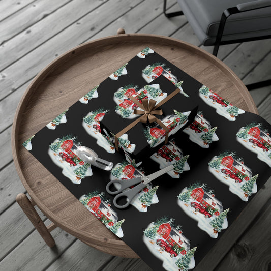 Christmas Village Gift Wrap Paper — Vintage Red Truck & Snowy Barn Holiday Wrapping
