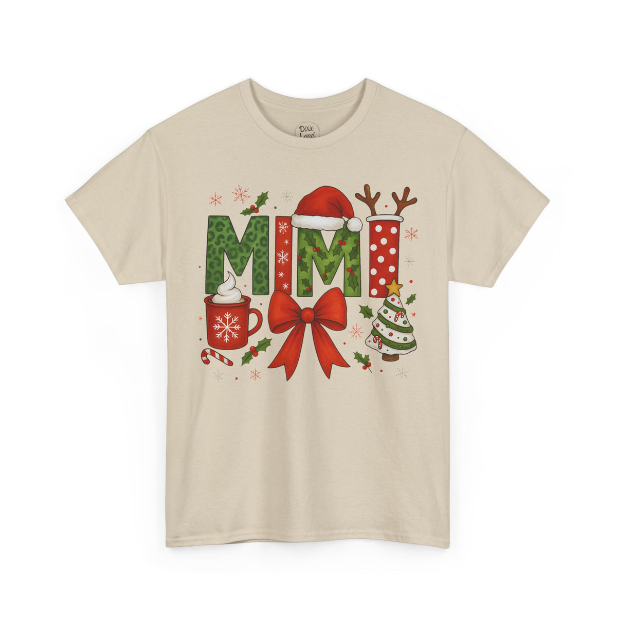 MiMi Christmas Tee — Festive Holiday Letters with Santa Hat, Reindeer Antlers & Bow
