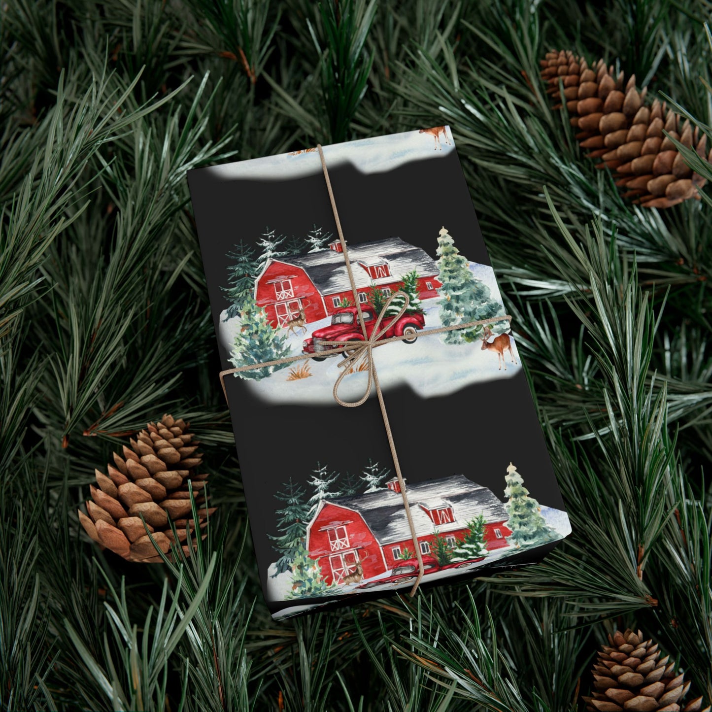Christmas Village Gift Wrap Paper — Vintage Red Truck & Snowy Barn Holiday Wrapping