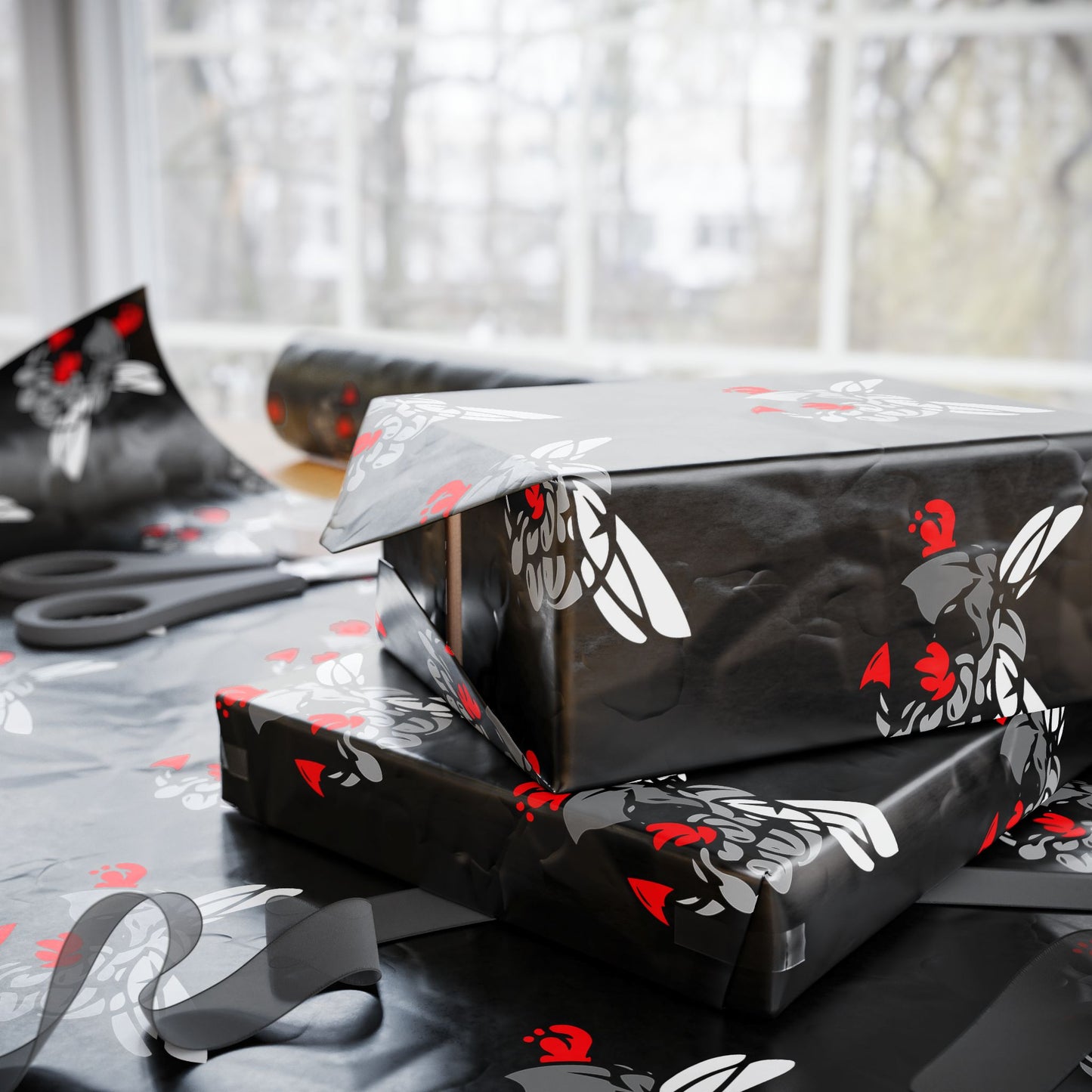 Wrapping Paper — Hilldale Hornets Pattern on Black (Red Accent)