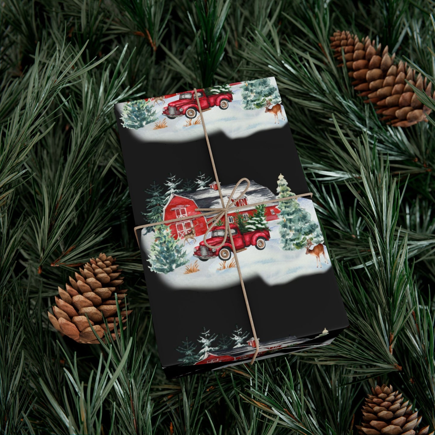 Christmas Village Gift Wrap Paper — Vintage Red Truck & Snowy Barn Holiday Wrapping