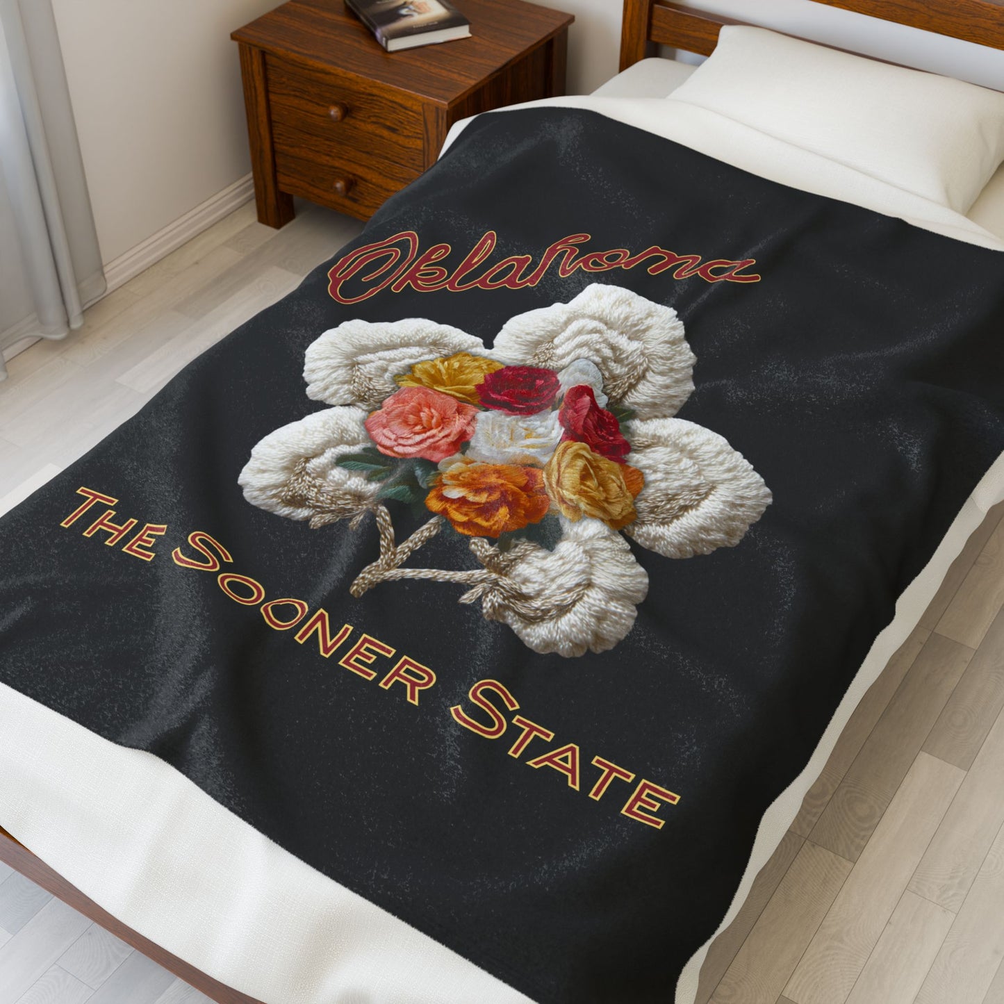 Oklahoma Velveteen Plush Blanket – 'The Sooner State' Floral Cotton Boll Design