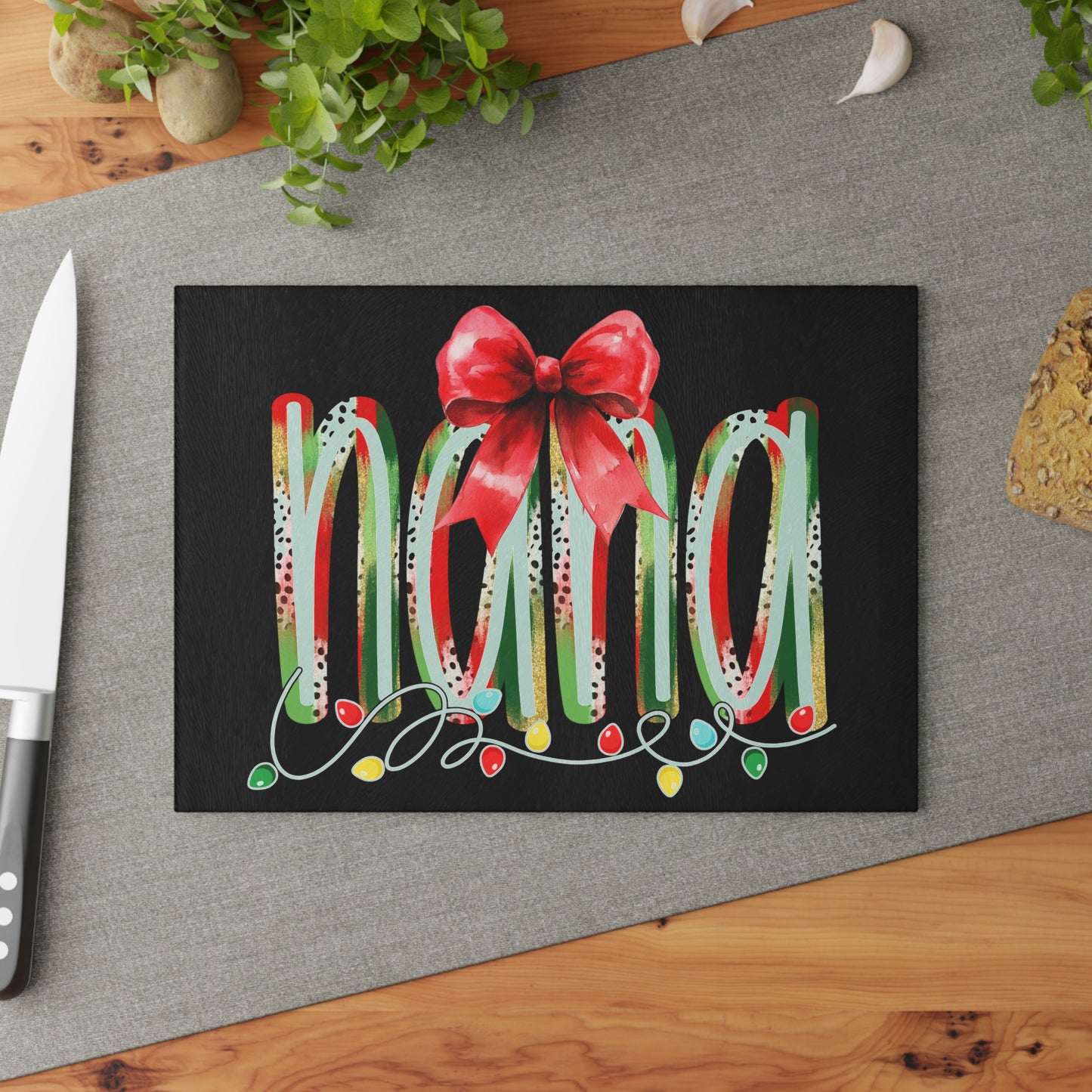 Nana Christmas Glass Cutting Board — Festive Red Bow & Holiday Lights Kitchen Decor