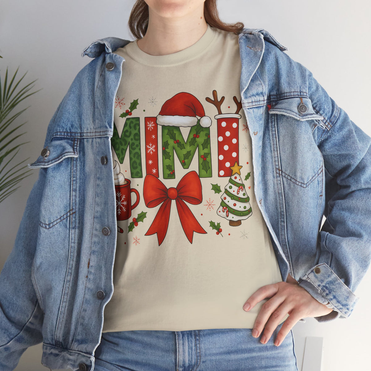 MiMi Christmas Tee — Festive Holiday Letters with Santa Hat, Reindeer Antlers & Bow