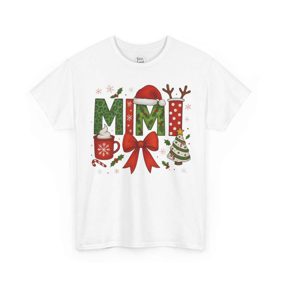 MiMi Christmas Tee — Festive Holiday Letters with Santa Hat, Reindeer Antlers & Bow
