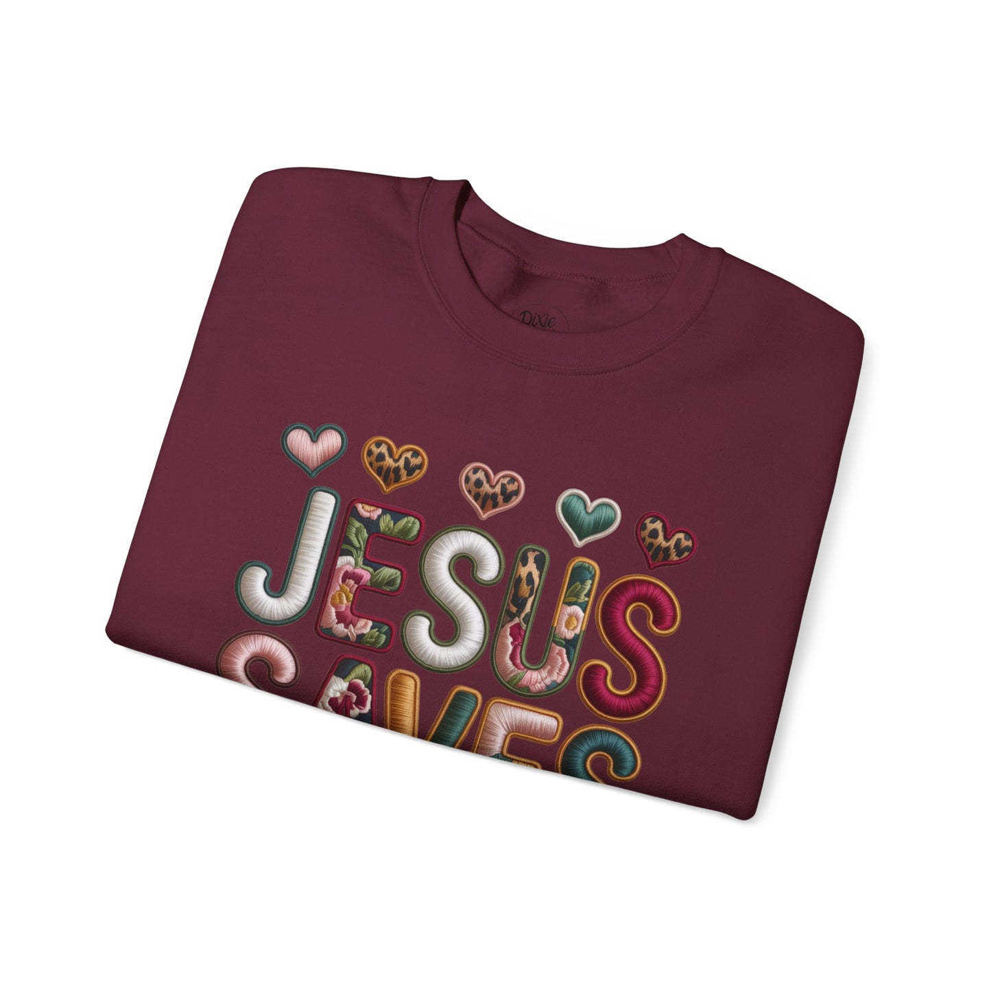 Jesus Saves Crewneck Sweatshirt — Floral & Heart Christian Graphic Sweatshirt