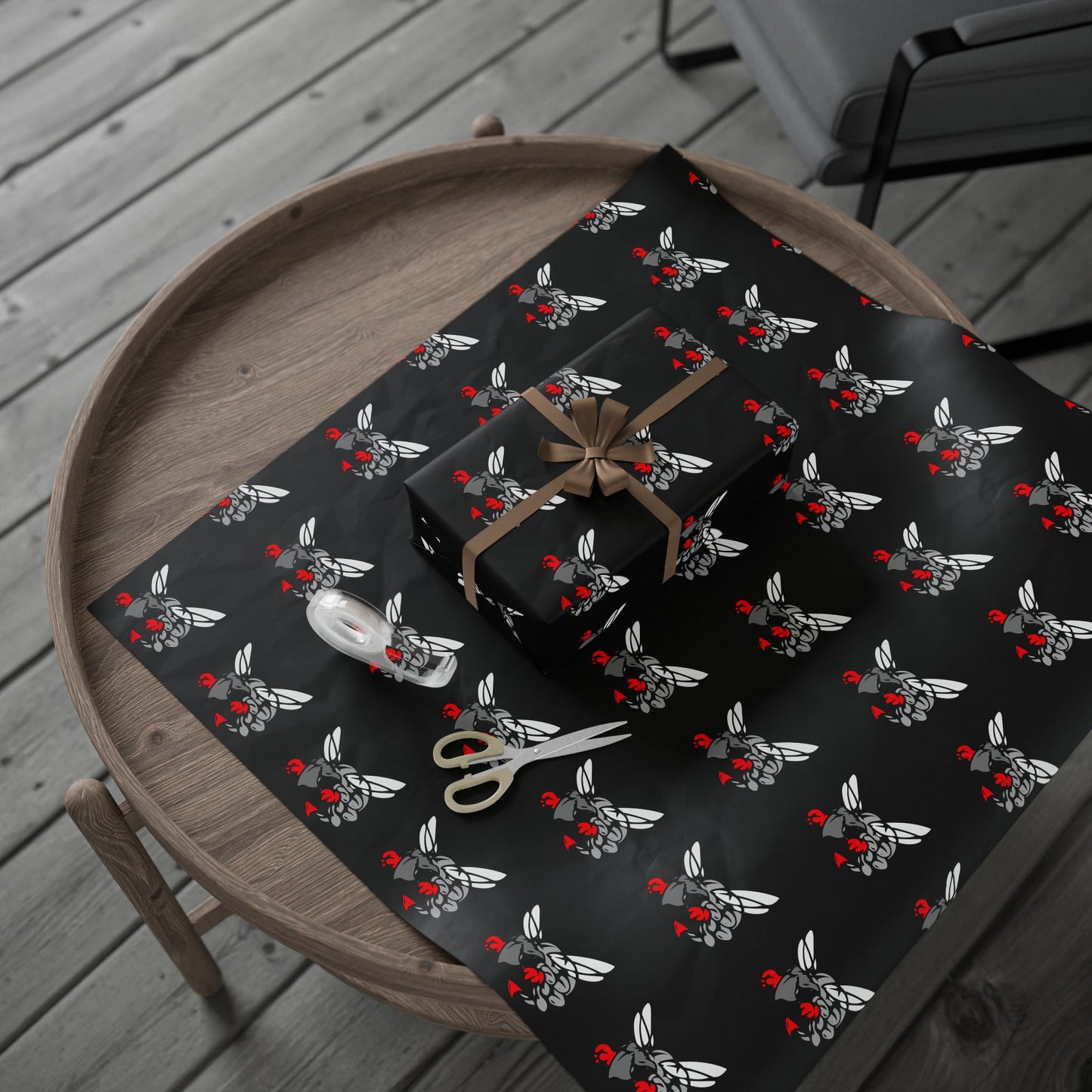 Wrapping Paper — Hilldale Hornets Pattern on Black (Red Accent)