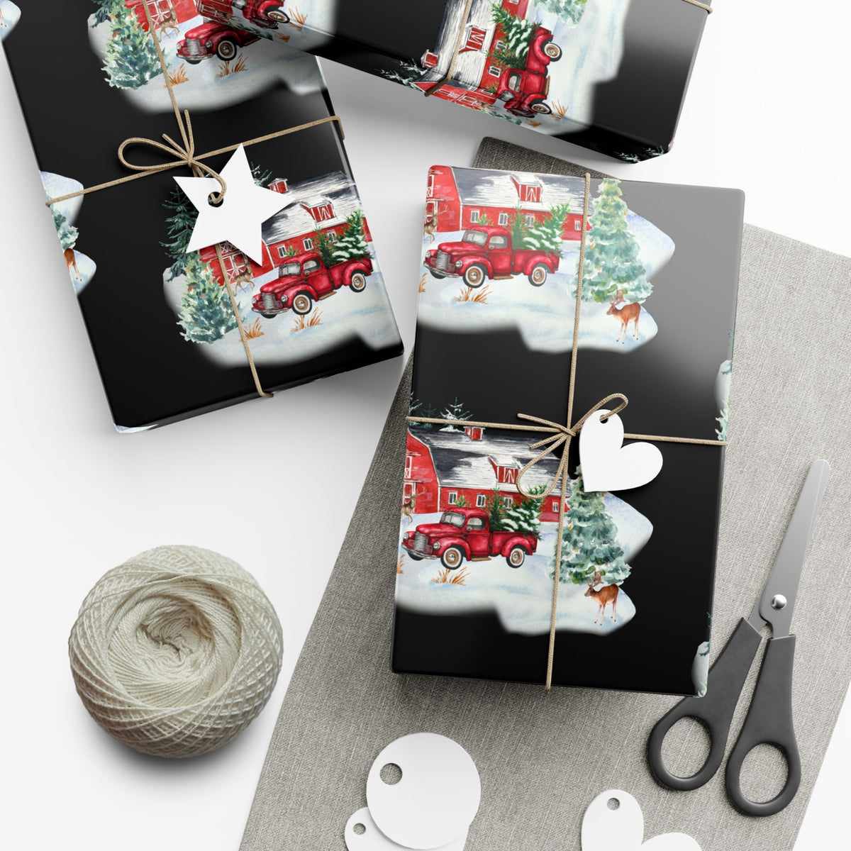 Christmas Village Gift Wrap Paper — Vintage Red Truck & Snowy Barn Holiday Wrapping