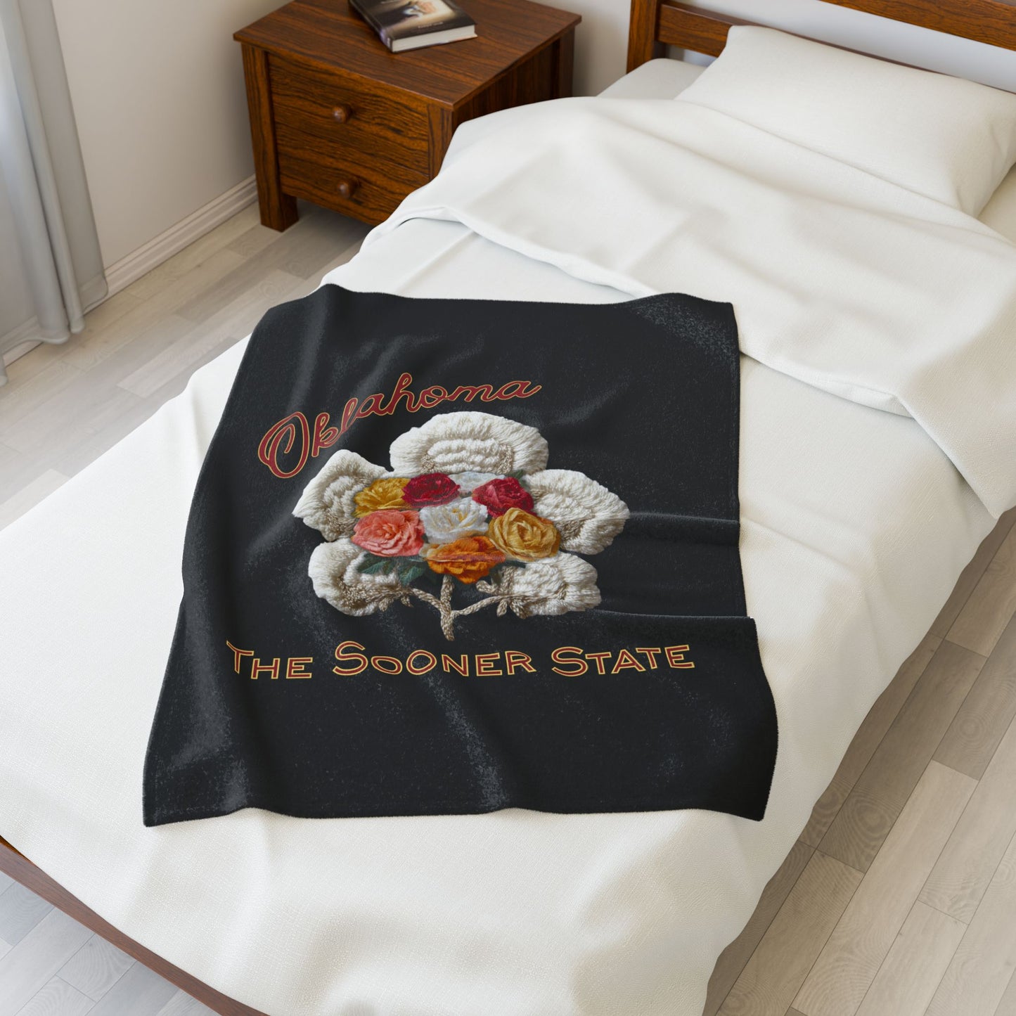 Oklahoma Velveteen Plush Blanket – 'The Sooner State' Floral Cotton Boll Design