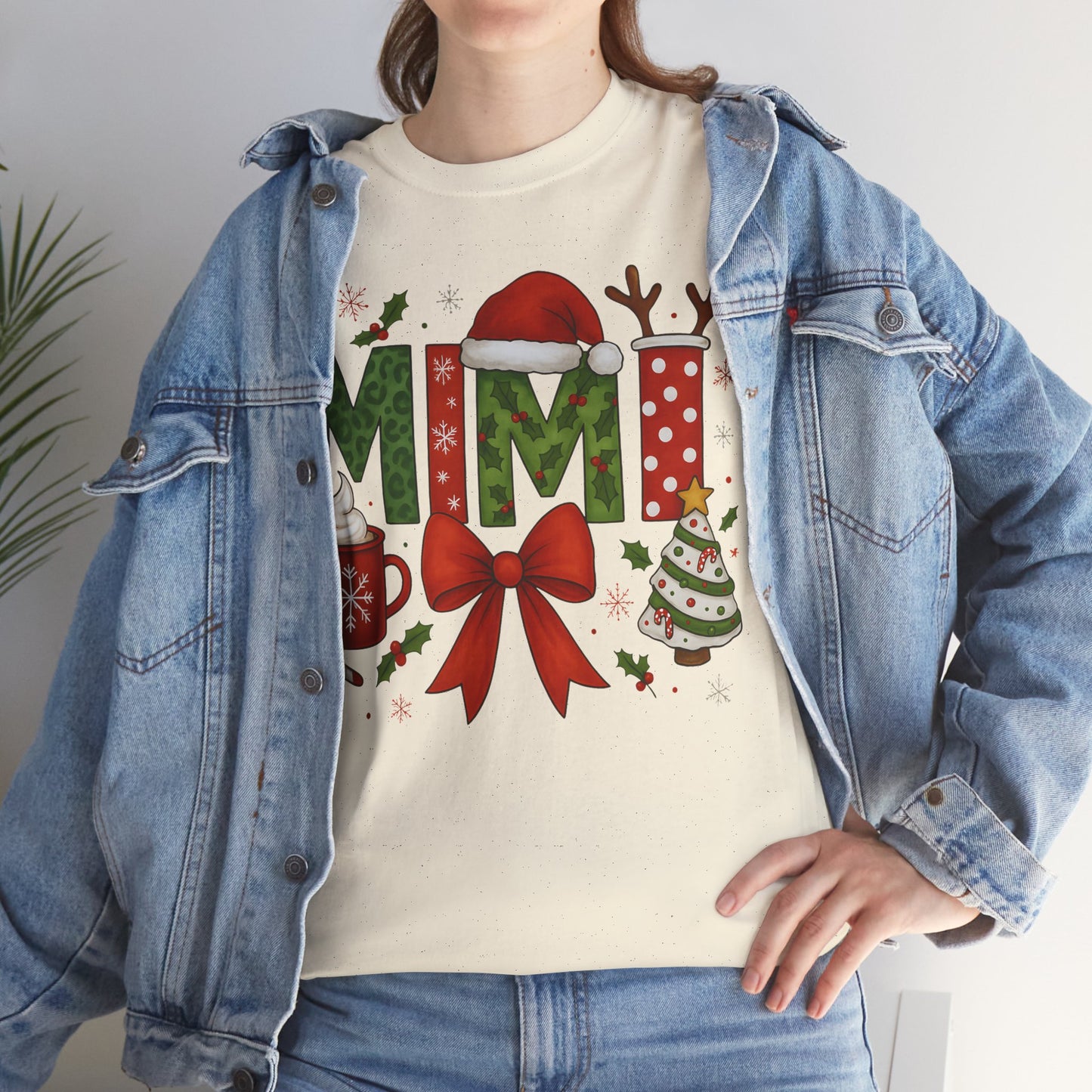 MiMi Christmas Tee — Festive Holiday Letters with Santa Hat, Reindeer Antlers & Bow