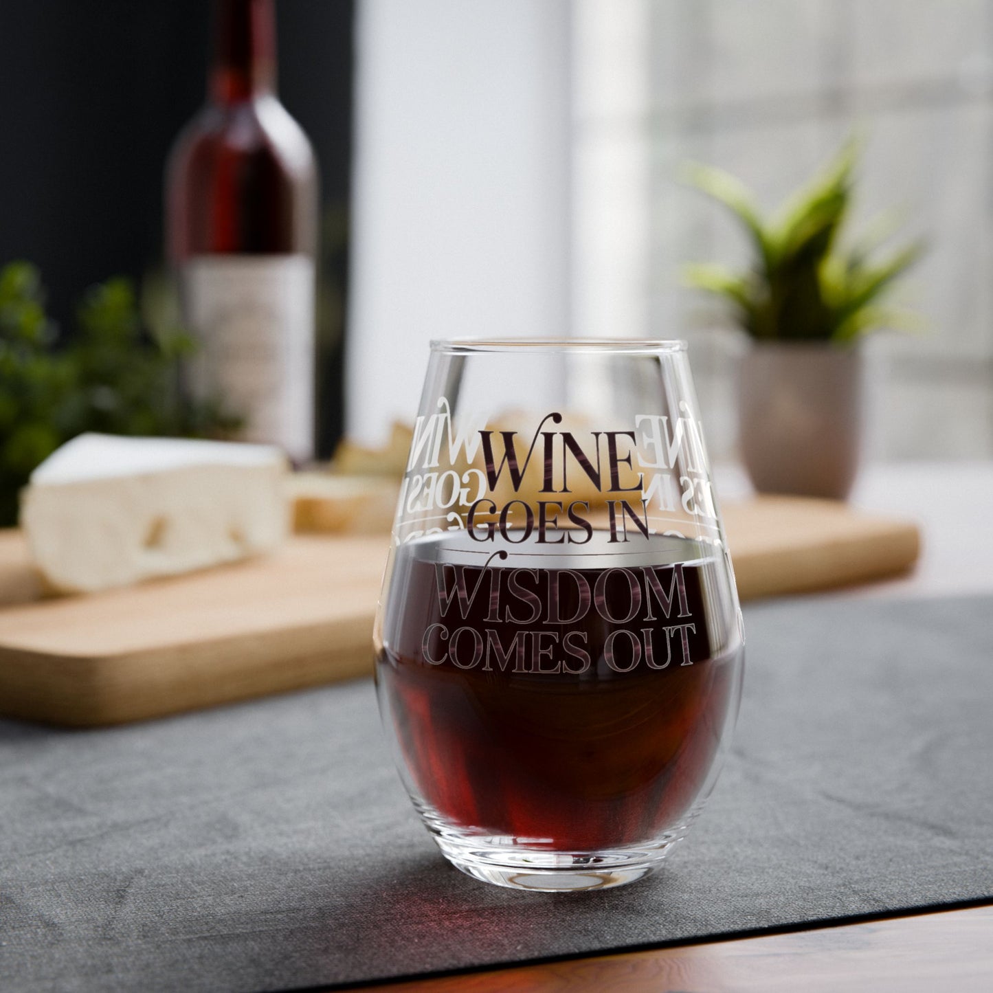 Stemless Wine Glass - "Wine Goes In, Wisdom Comes Out" 11.75oz