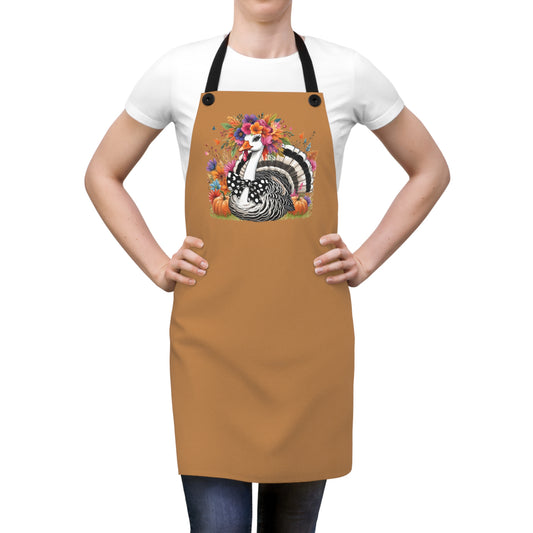 Thanksgiving Turkey Apron — Floral Turkey with Pumpkins Cooking Apron