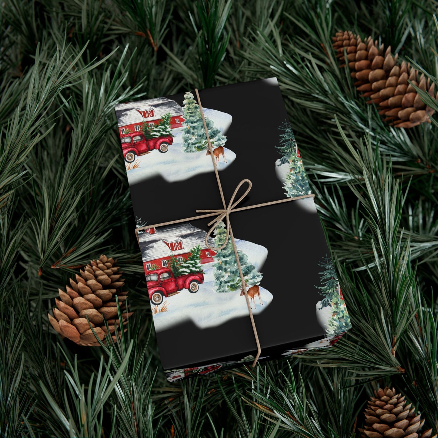 Christmas Village Gift Wrap Paper — Vintage Red Truck & Snowy Barn Holiday Wrapping