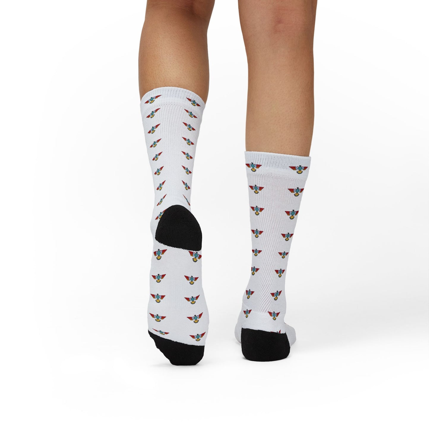 White Sublimation Crew Socks with Tiny Floral Bird Pattern
