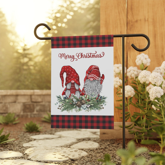 Merry Christmas Gnome Garden Flag — Buffalo Plaid Holiday House Banner