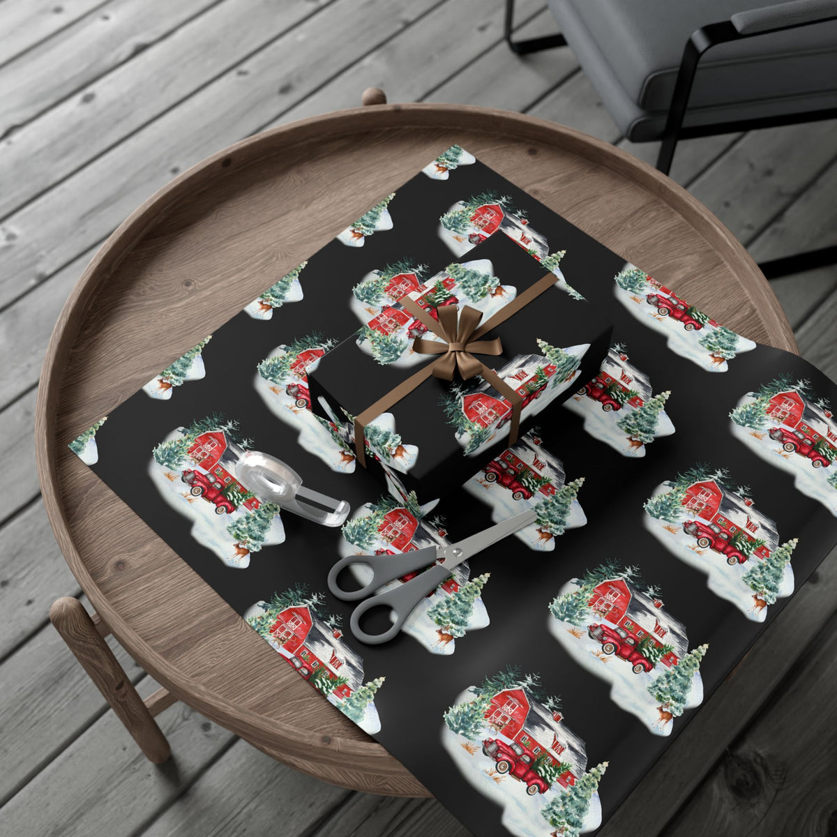 Christmas Village Gift Wrap Paper — Vintage Red Truck & Snowy Barn Holiday Wrapping