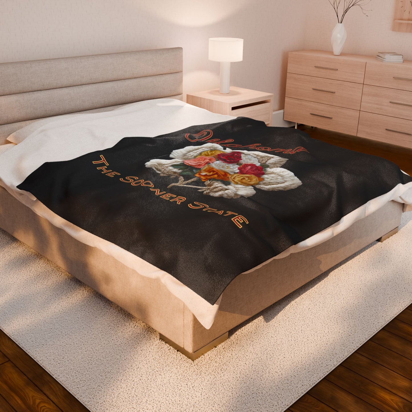 Oklahoma Velveteen Plush Blanket – 'The Sooner State' Floral Cotton Boll Design
